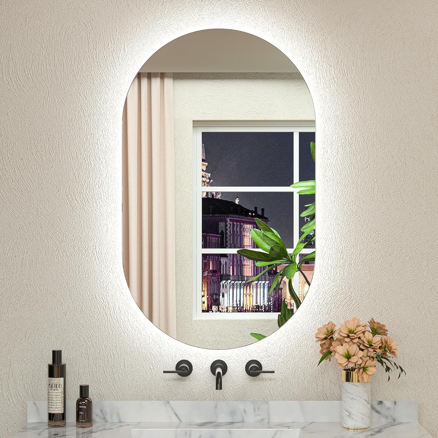 TETOTE 40 x 36 Inch Oval LED Mirror Backlit Mirror Bathroom Pill-Shaped 3 Colors Warm/White/Natraul Lighted Vanity Mirror with Lights Pill Type Anti-Fog Dimmable Wall Mounted Vertically & Horizontally