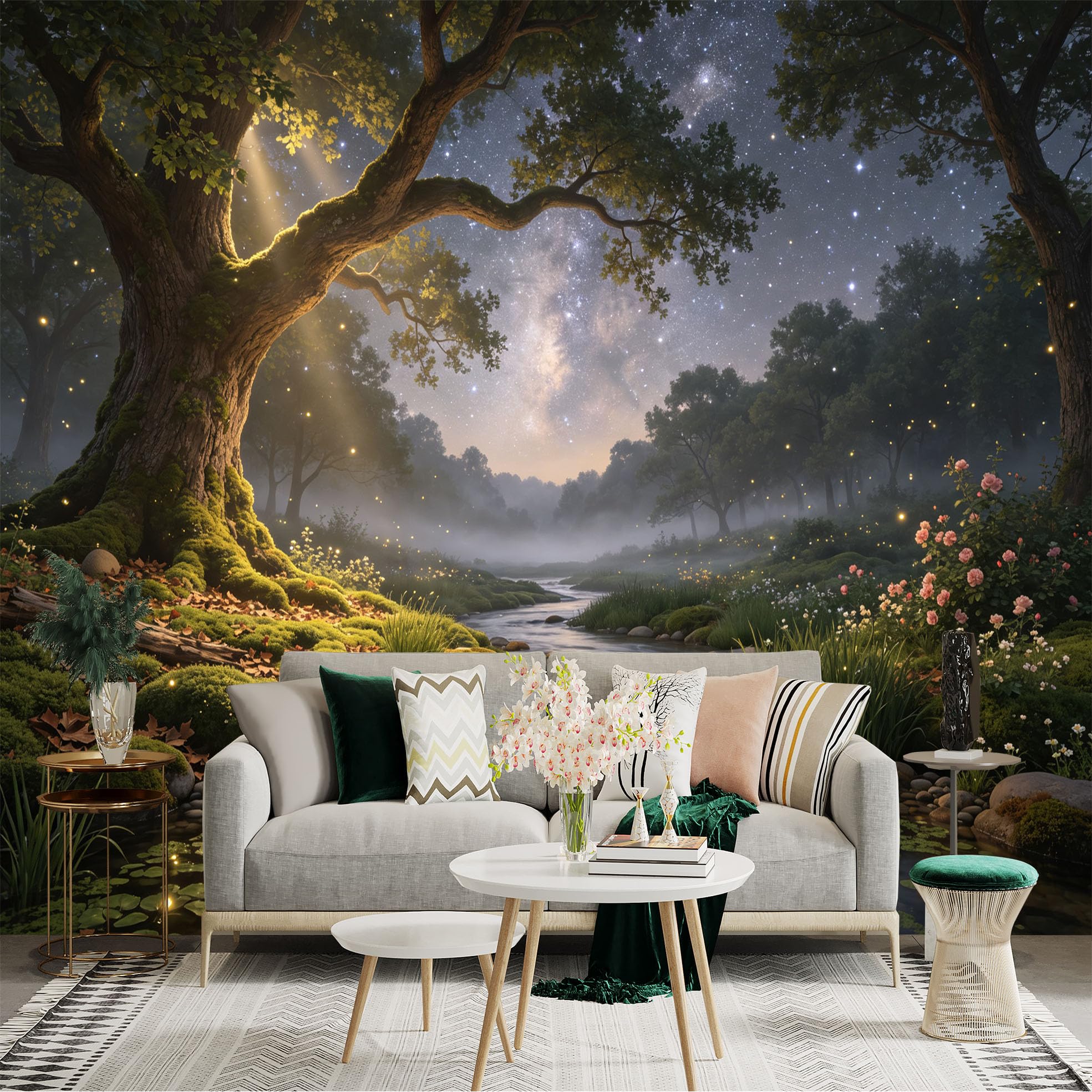 Lnzczhyre Bh260719383 Custom Size Wall Sticker Mural， Enchanted Forest With Flowing River， Glowing Fireflies， Milky Way Night Sky， For Wall Decoration， Peelandstick Wall Decals.