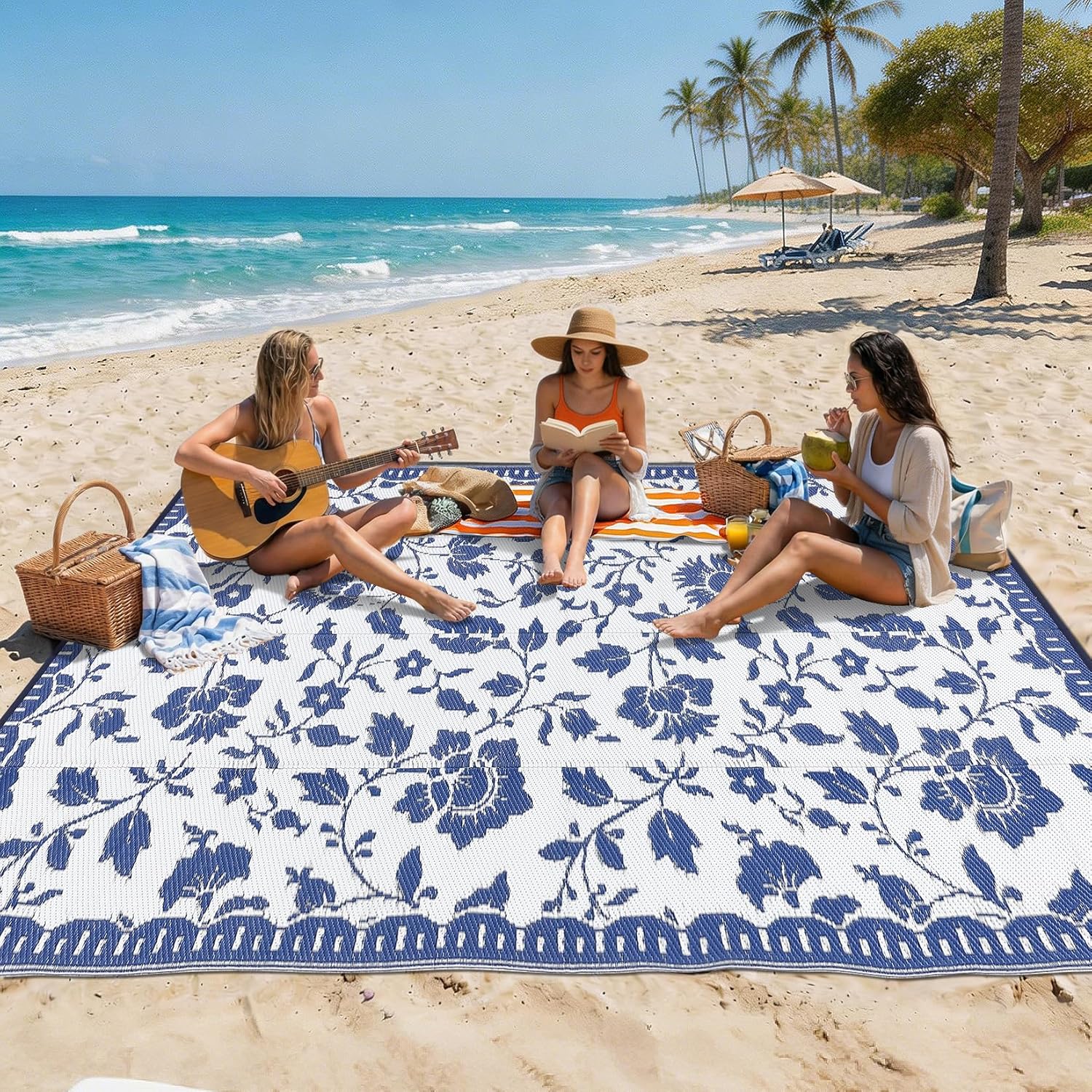 Garvee 5x8 Outdoor Rug Waterproof, Vintage Floral Plastic Straw Rugs, Camping Rugs for Outside Your RV, Foldable Lightweight Reversible Carpet with Portable Bag for Patio, Backyard, Beach, Navy＆White