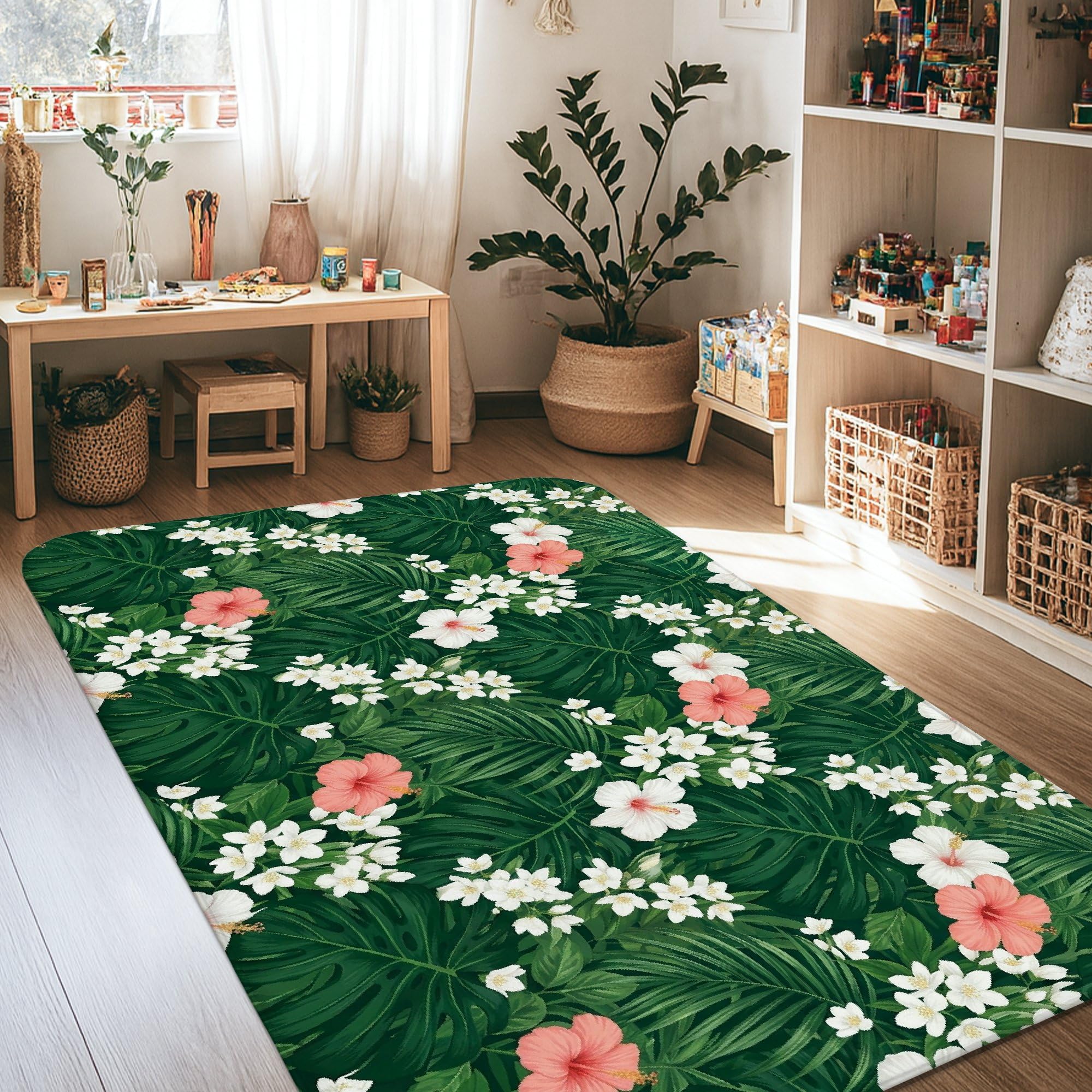 Tapis hibiscus et feuilles tropicales rectangulaire en vert