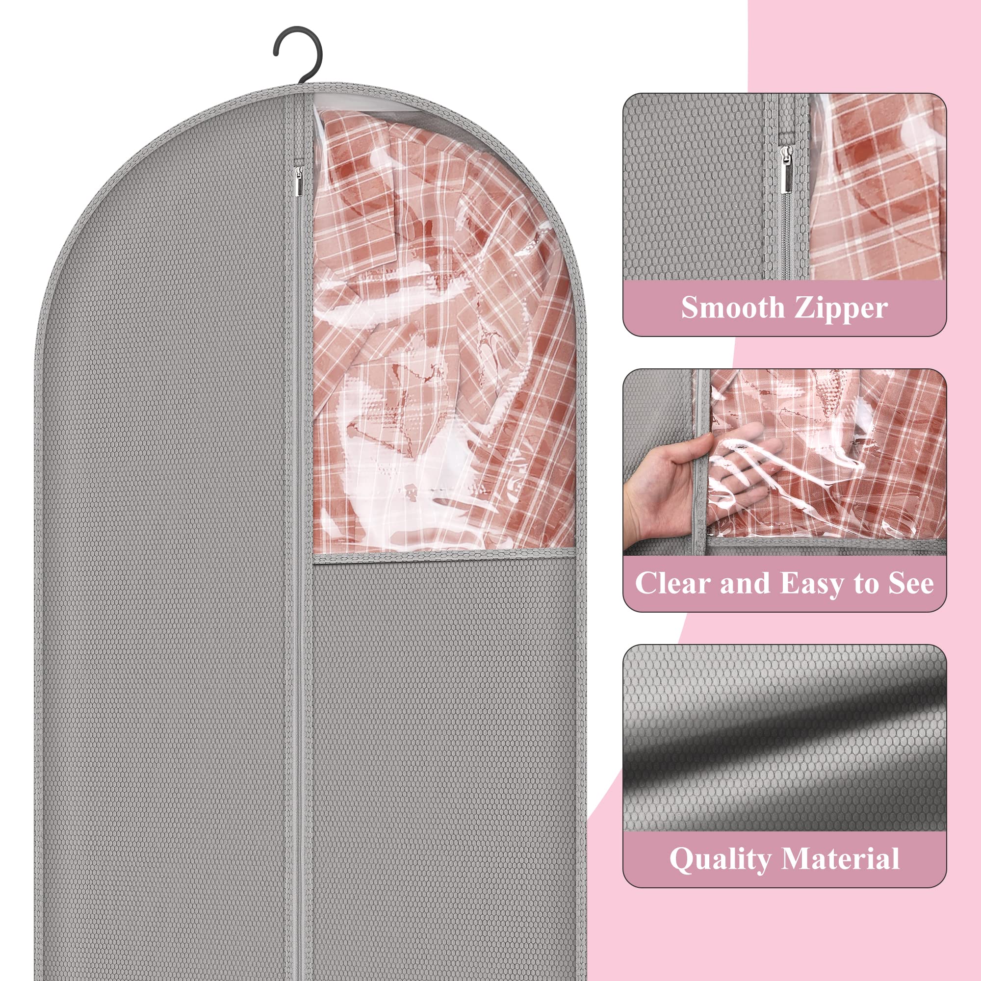 HuggieGems 4 Pack 43’’ Gray Garment Bags for Hanging Clothes Storage Travel, Clear Dress Bags for Gowns Long, Suit Bags for Closet Storage