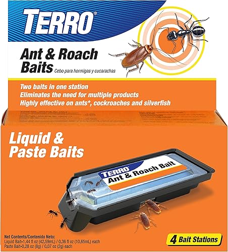 TERRO Ant & Roach Bait - Asesino de hormigas y cucarachas de interior - 4 estaciones de cebo - Atrae y mata hormigas, cucarachas y peces plateados -