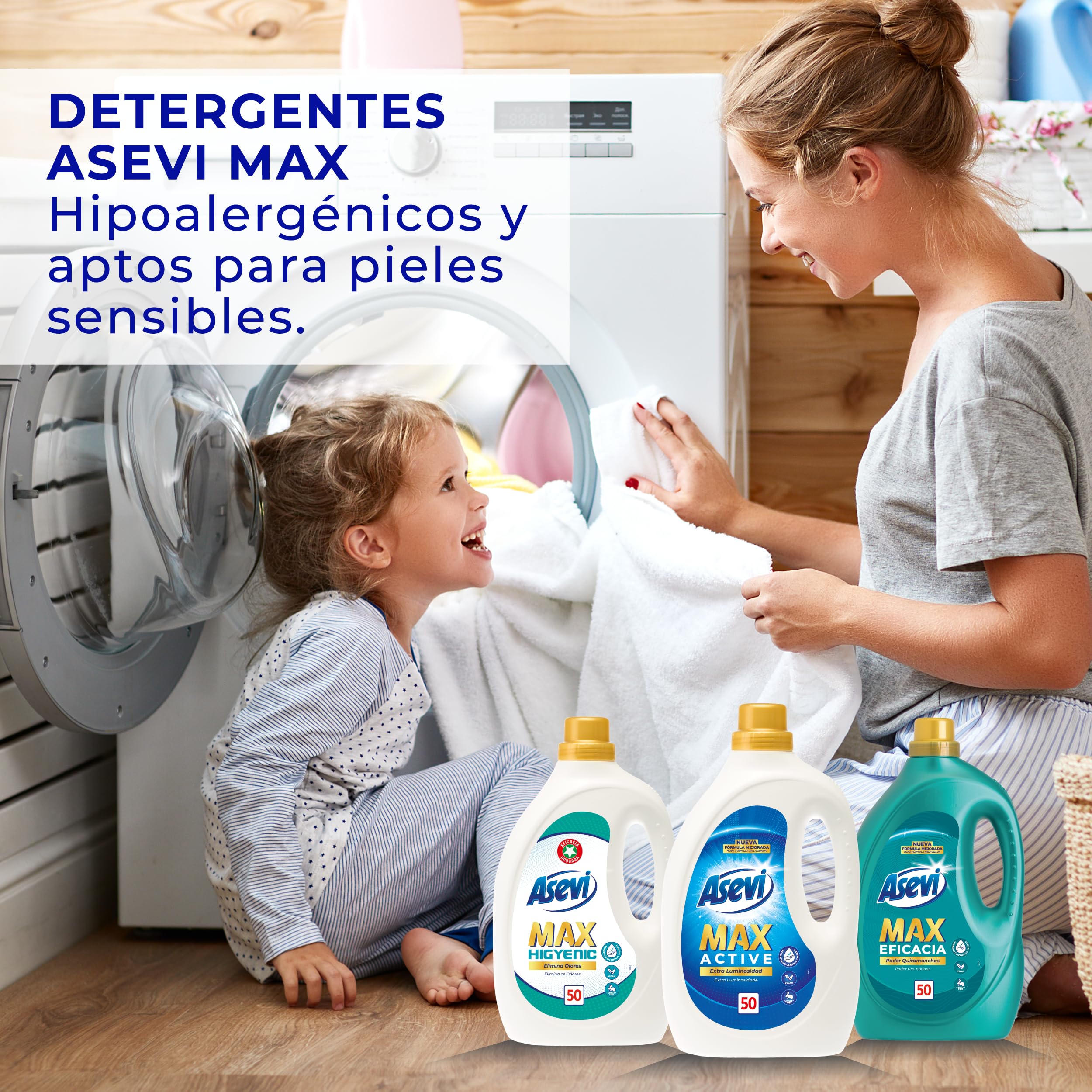 Asevi Detergente Líquido para Lavadora Max Eficacia - Detergente Hipoalergénico Concentrado para Ropa Blanca y de Color - Poder Quitamanchas para una Ropa Limpia y Fresca - Pack 5 x 50 Lavados