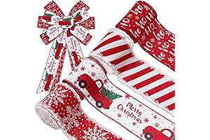4-Roll Christmas Wired Edge Ribbon with Red, White Xmas Snowflake, and Truck Design