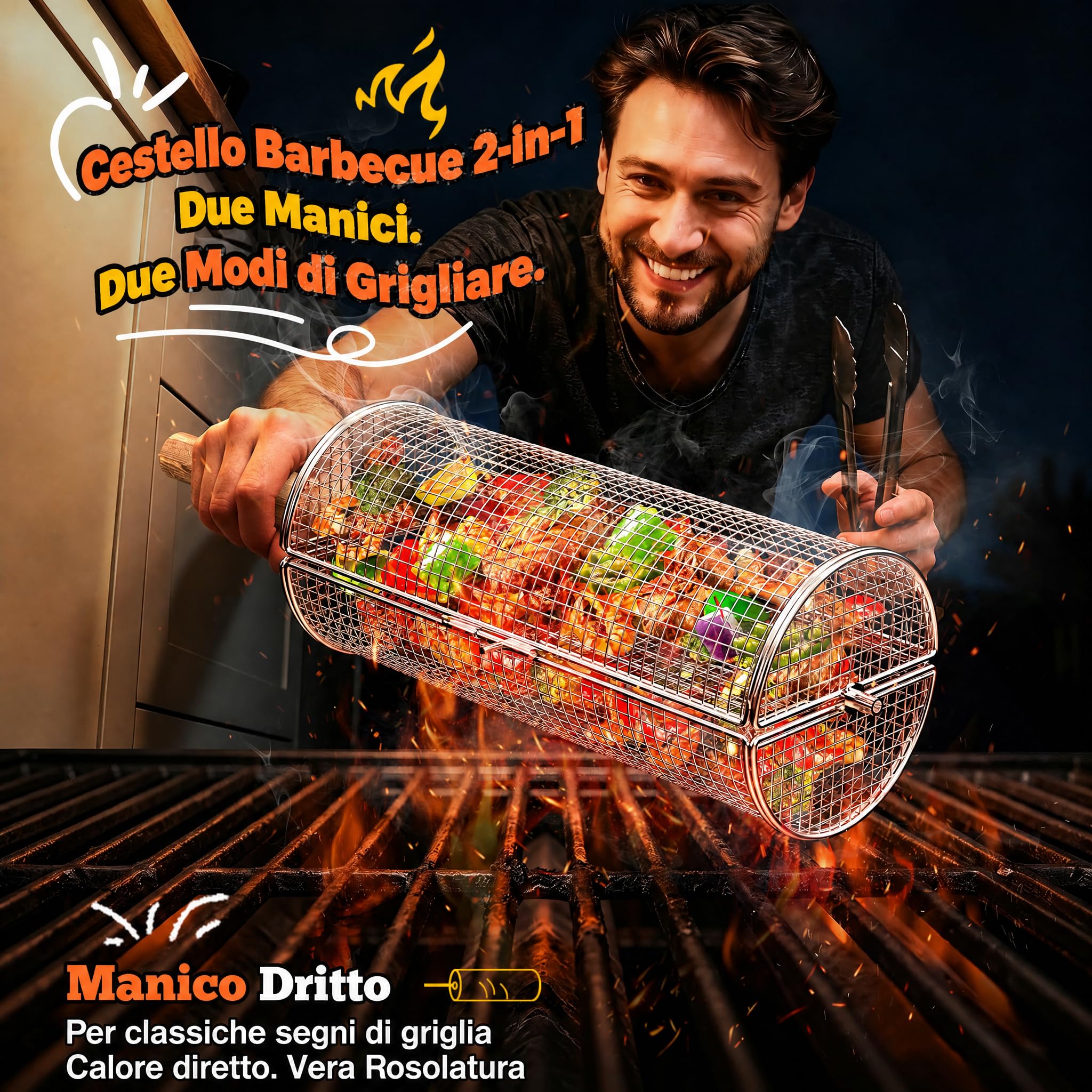 2-in-1 Cestello Barbecue Rotolabile Rotante, Acciaio Inossidabile 304 con Doppi Manici Rimovibili, Accessori per Verdure Gamberetti, Idea Regalo Uomo Papà Marito Compleanno Papà Marito Compleanno