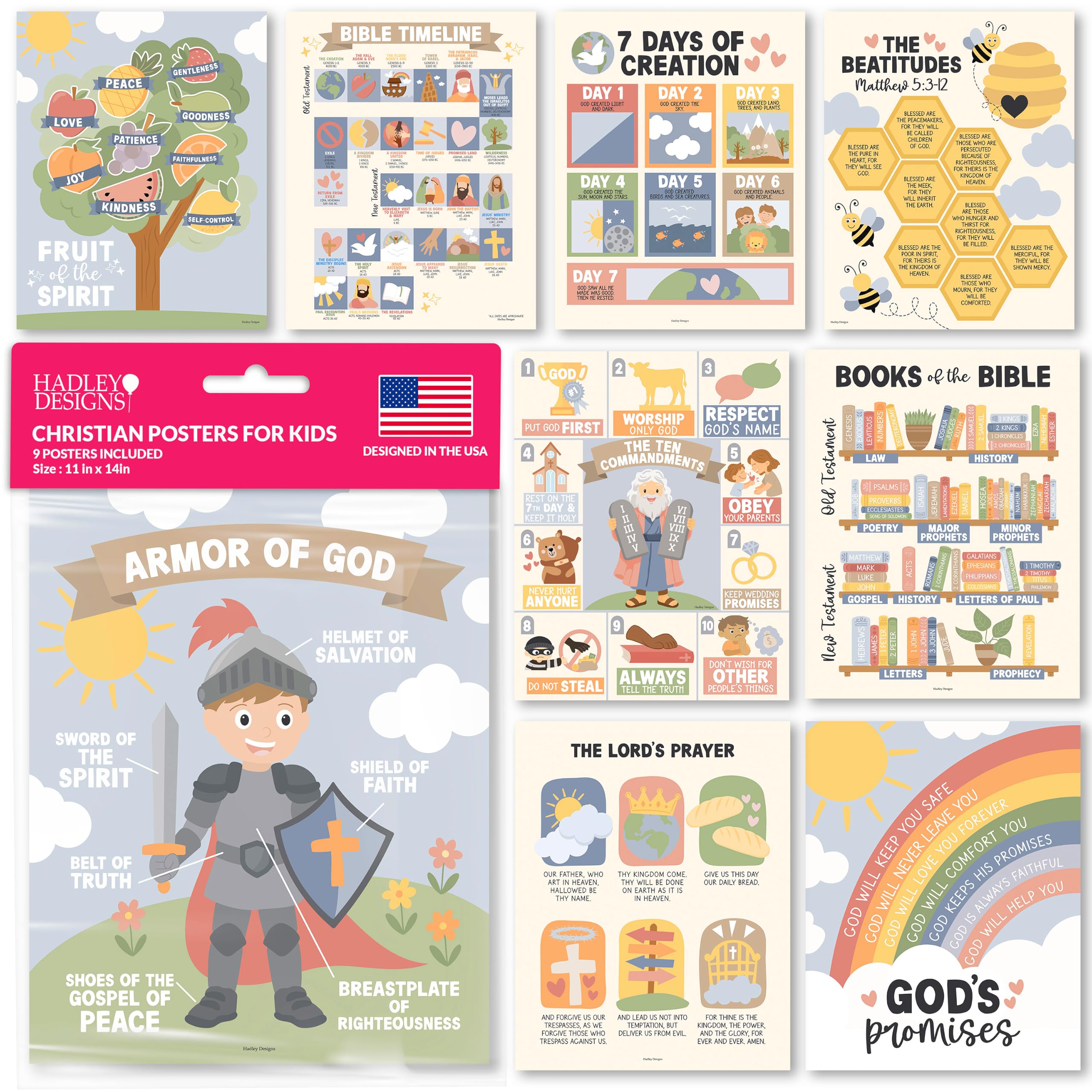 Hadley Designs Sunday School Decorations For Classroom -9 Bible Posters for Kids, 10 Commandments for Kids, Books of the Bible Poster, Fruit of the Spirit, Boho Christian Posters for Classroom
