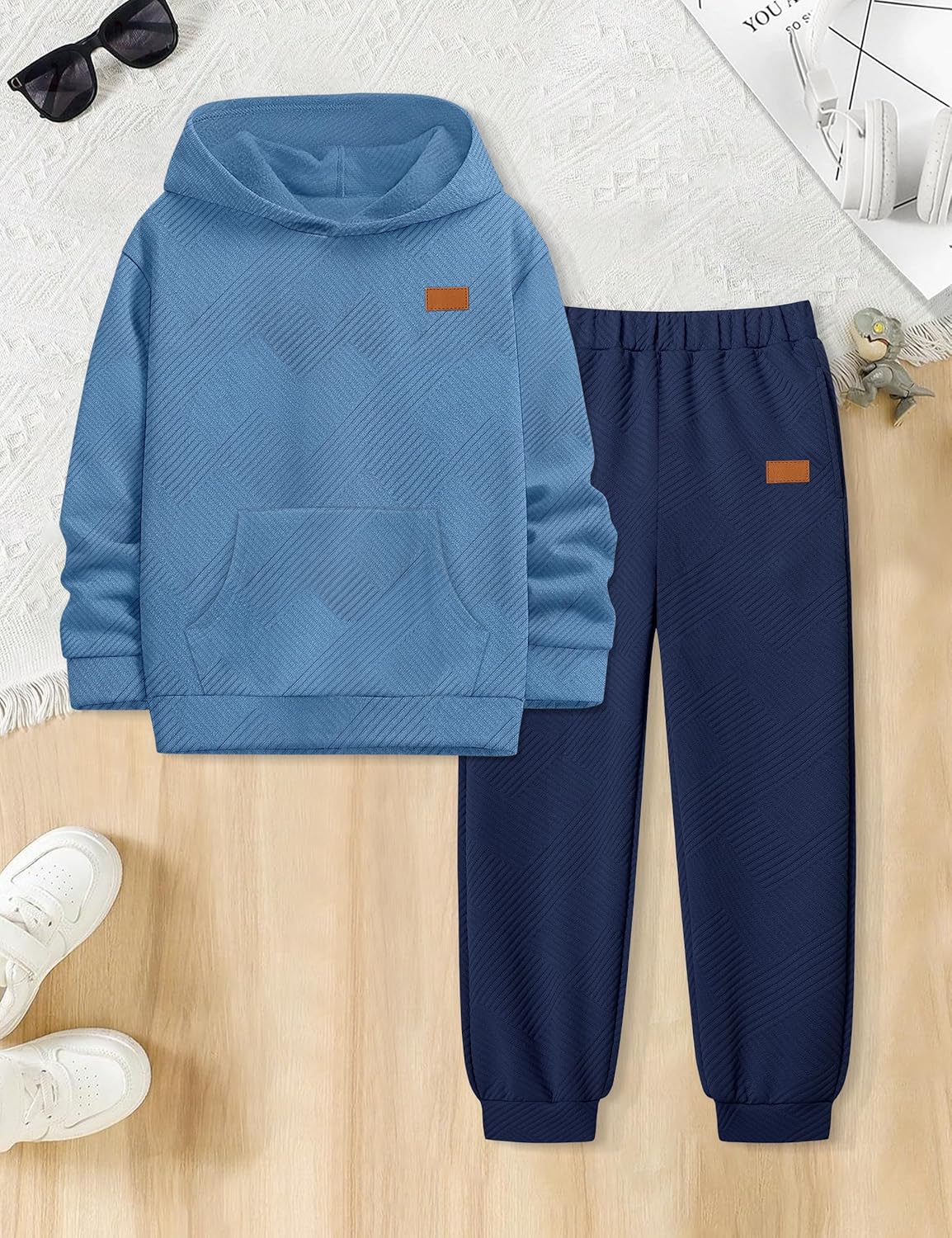 Boys Clothes Ribbed Solid Long Sleeve Hoodie Sweatshirt and Sweatpants 2Pcs Fall Winter Outfits for 6-14 Years