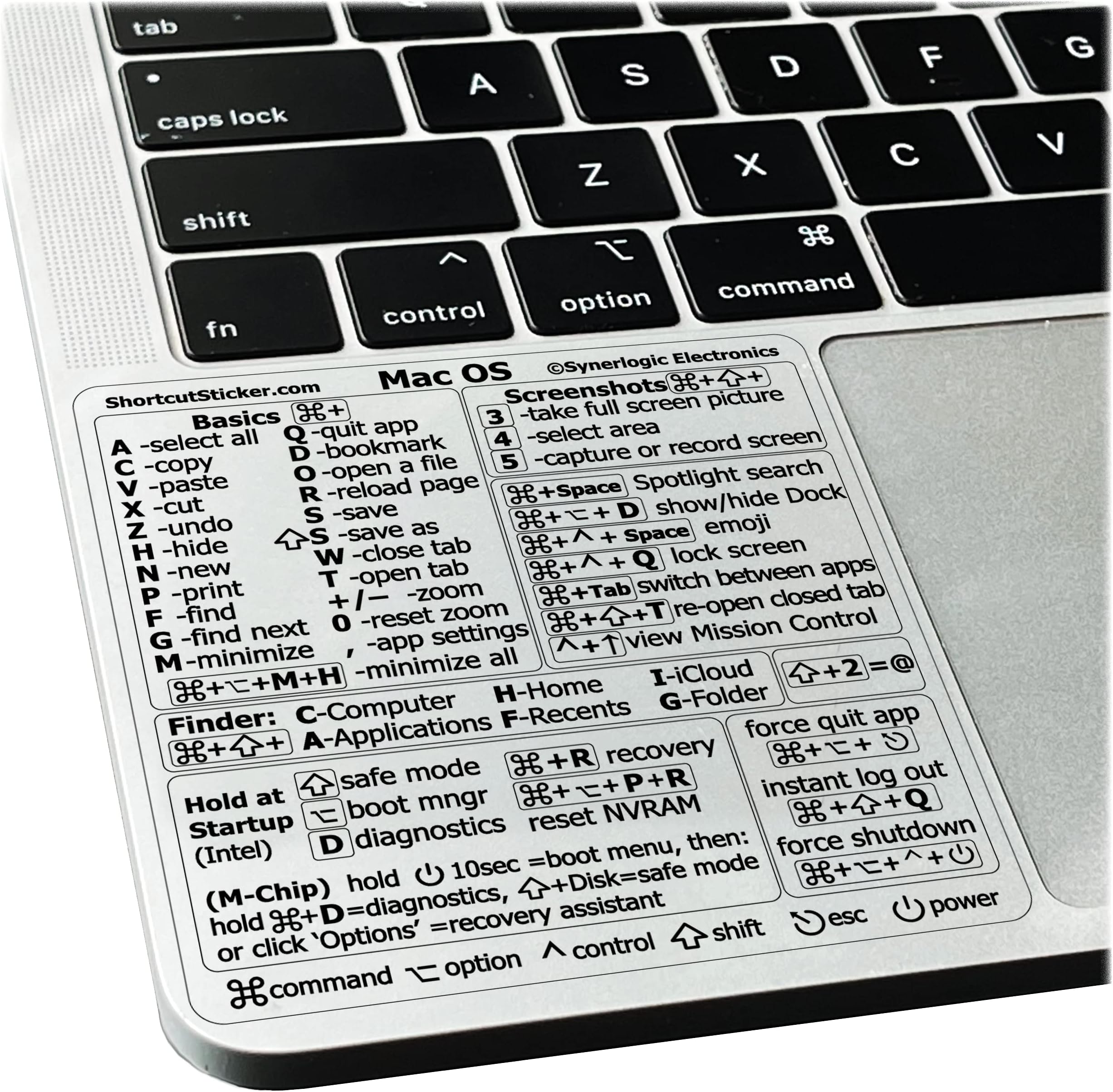 Synerlogic (10pcs) Mac OS Shortcuts Sticker for Air/Pro | Keyboard Stickers for macOS | Laminated Vinyl MacBook Cheatsheet | MacBook Shortcuts 2026 (Clear/Black/10pk)