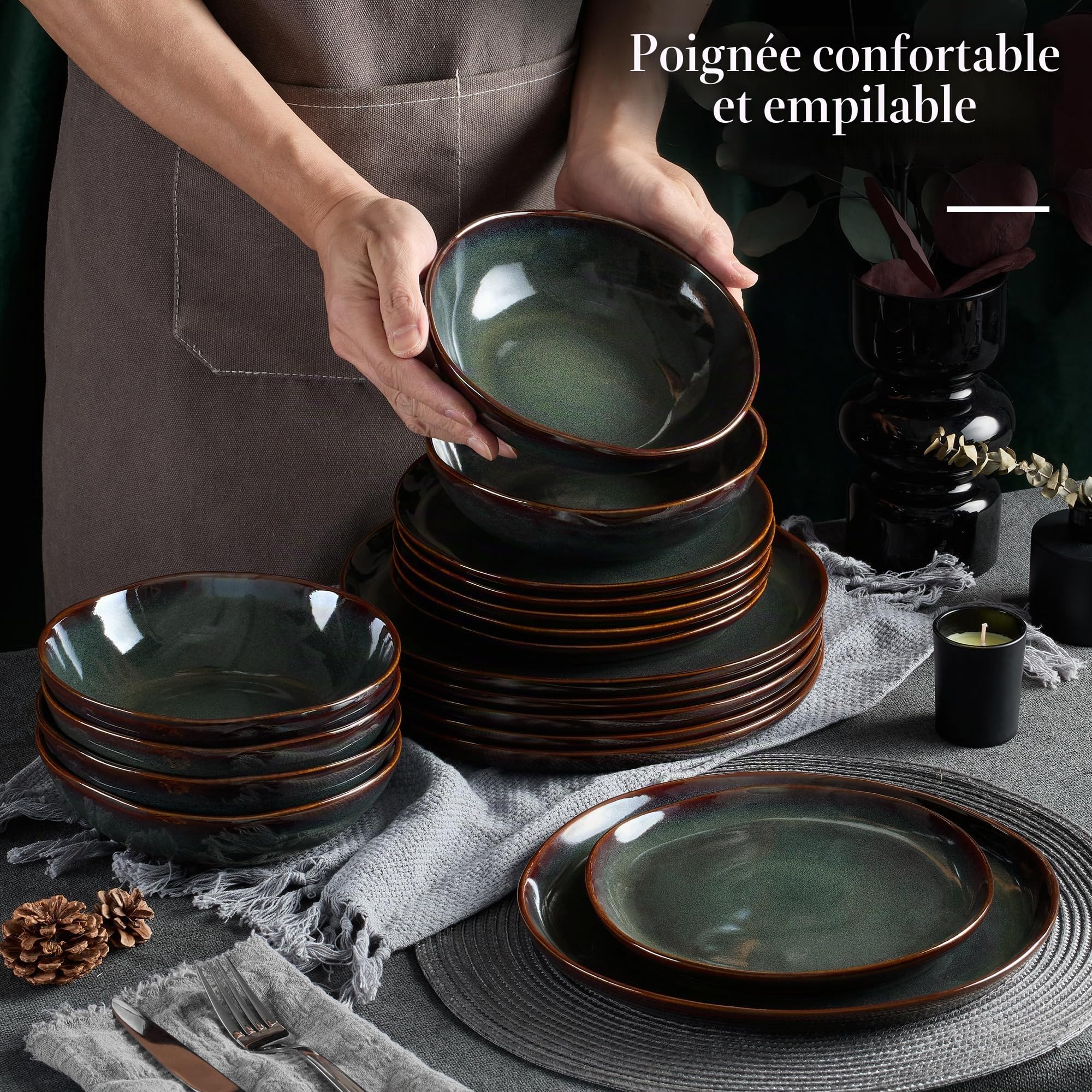 Onader Service de table pour 6 personnes, 18 pièces, en faïence, bols à céréales, assiettes à dessert, assiettes plates, anti-rayures et passe au micro-ondes, vert mousse réactive