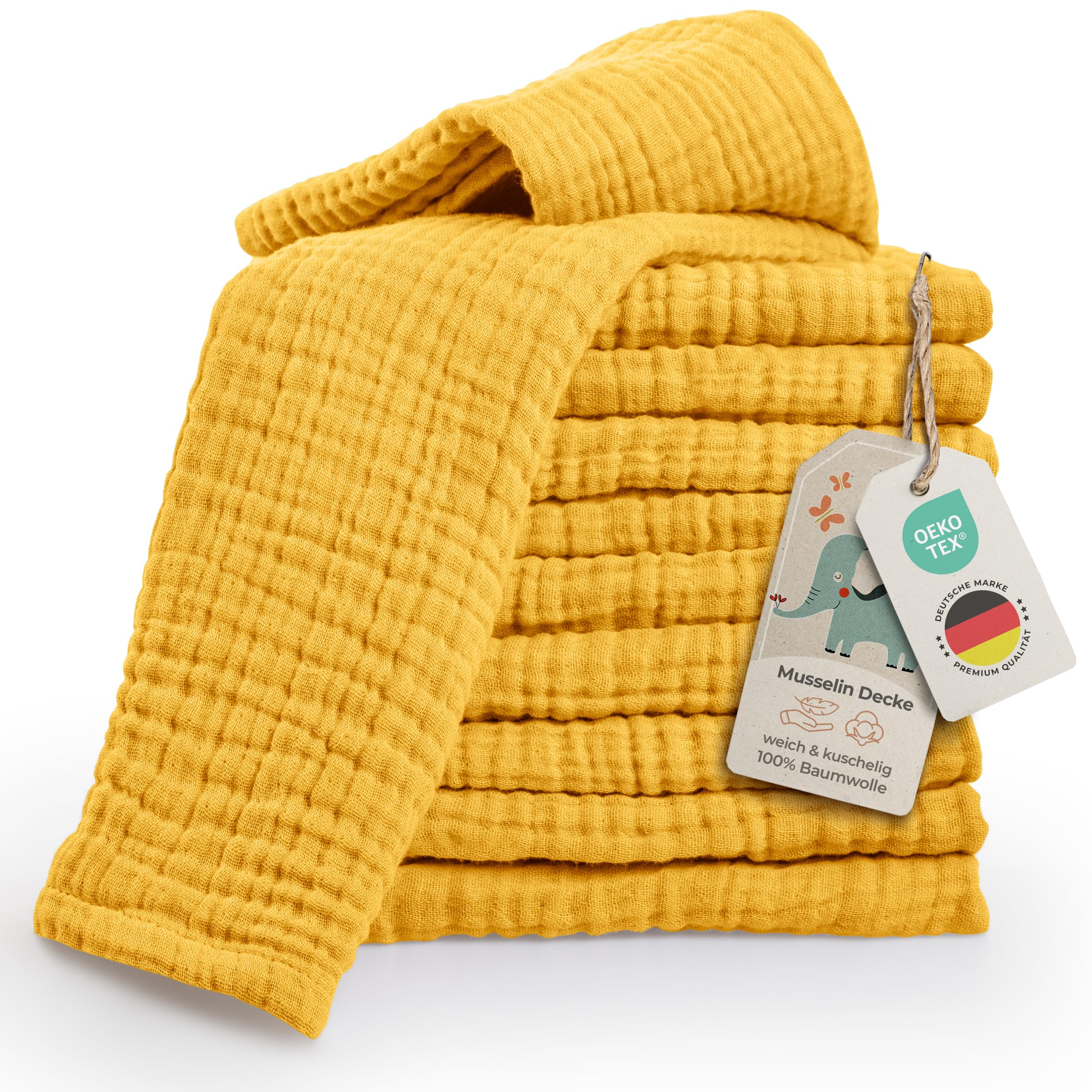 LAYNENBURG 10er-Set Premium Spucktücher Baby aus extra weichem Musselin - 100% Baumwolle - 30x50cm - Oeko Tex 100 - Musselin-tücher als Mulltücher, Mullwindeln oder Stoffwindeln (gelb)