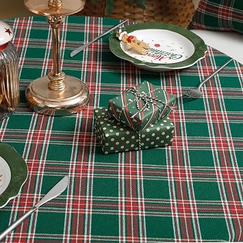 Softalker Small Xmas Table Cloth Round 120 cm Diameter Christmas Green Tartan Tablecloth Wipe Clean New Year Table Cover Festive Decoration for Autumn Coffee Birthday Party Outdoor Garden Tabletop