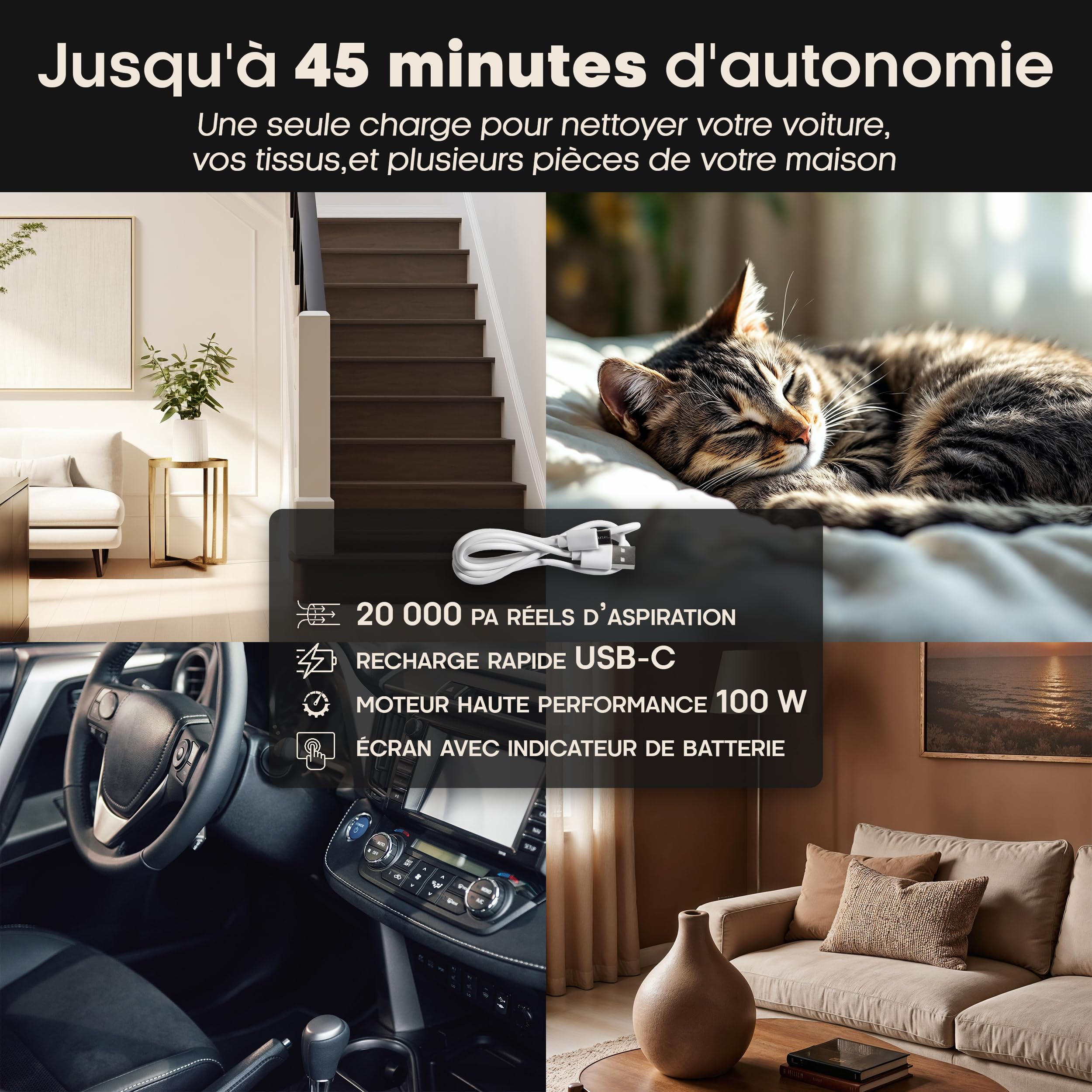 Aspirateur à Main sans Fil pour Poils d’Animaux – 45 min, Maison & Voiture