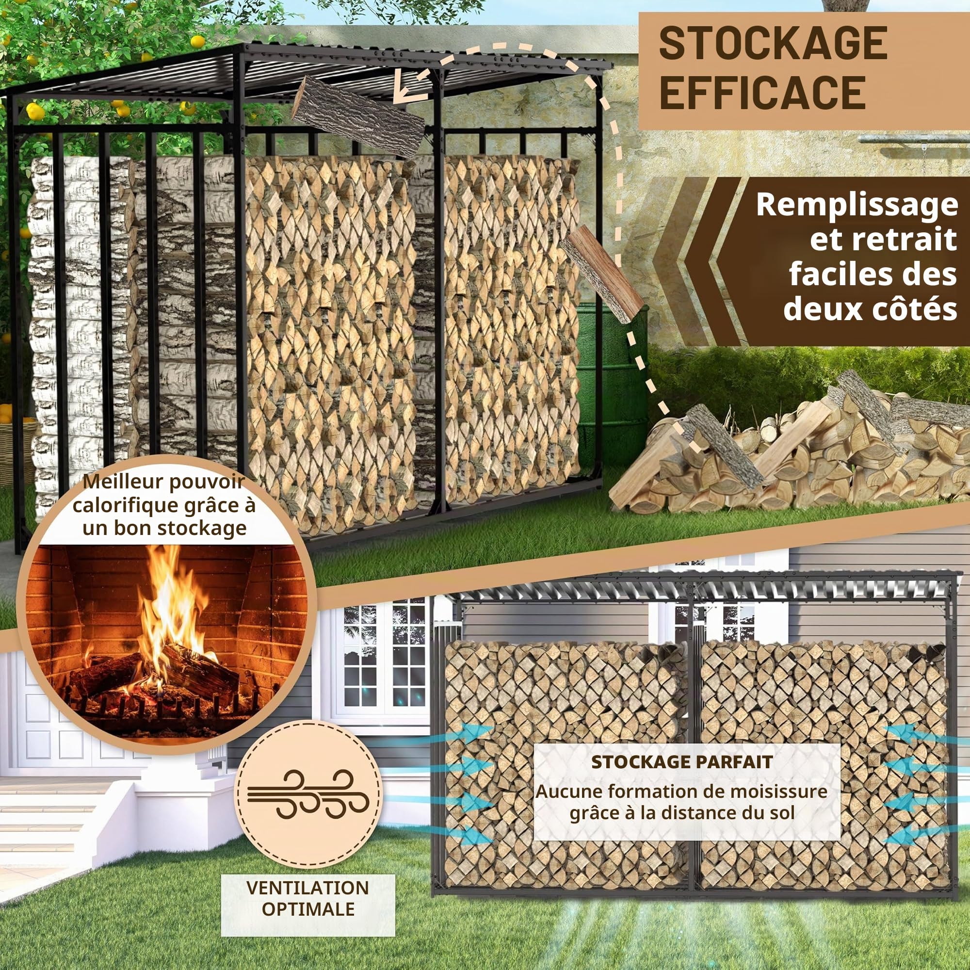 Abri à bûches extérieur en métal avec toit 300x105x185cm galvanisé | Résistant aux intempéries, Capacité 5 m³, Rangement bois de chauffage, XXL 3 m