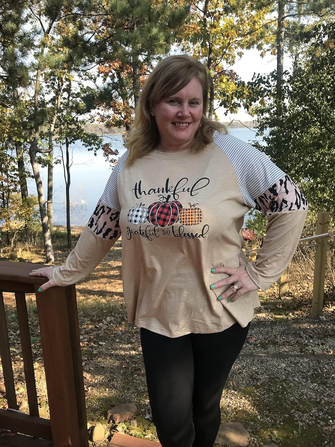 Grateful Thankful Blessed Shirt Plus Size Women Leopard Stripe Color Block Shirts Thanksgiving Pumpkin Long Sleeve Fall Tee - Image 2