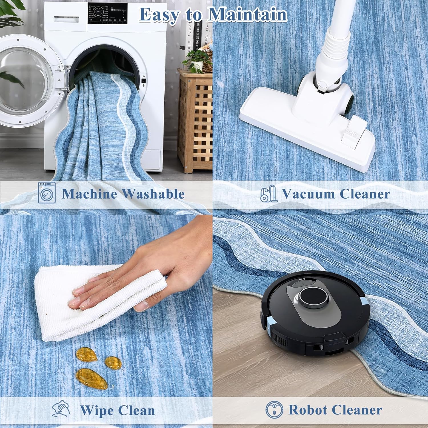 COZYLOOM Large Scalloped Area Rugs 9x12 Washable Modern Living Room Rug with Non-Slip Backing, Contemporary Low Pile Accent Carpet, Stain-Resistant Foldable Floor Cover for Dining Room, Blue