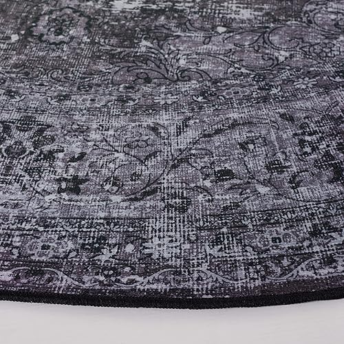 Miniatura 5 de SAFAVIEH Alfombra lavable Tucson Collection Redonda de 6 pies, negro y gris, antideslizante, ideal para zonas de alto tráfico en sala de estar,