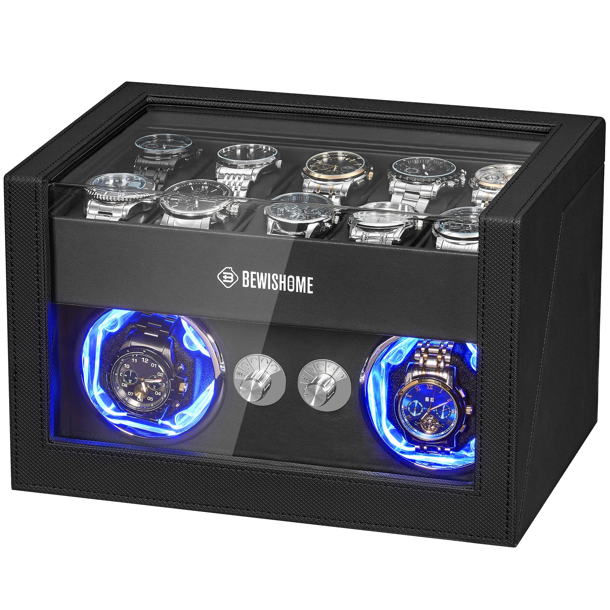 BEWISHOME Watch Winder for Automatic Watches Double Watch Widner and 10 Watch Display Case with Led Light 4