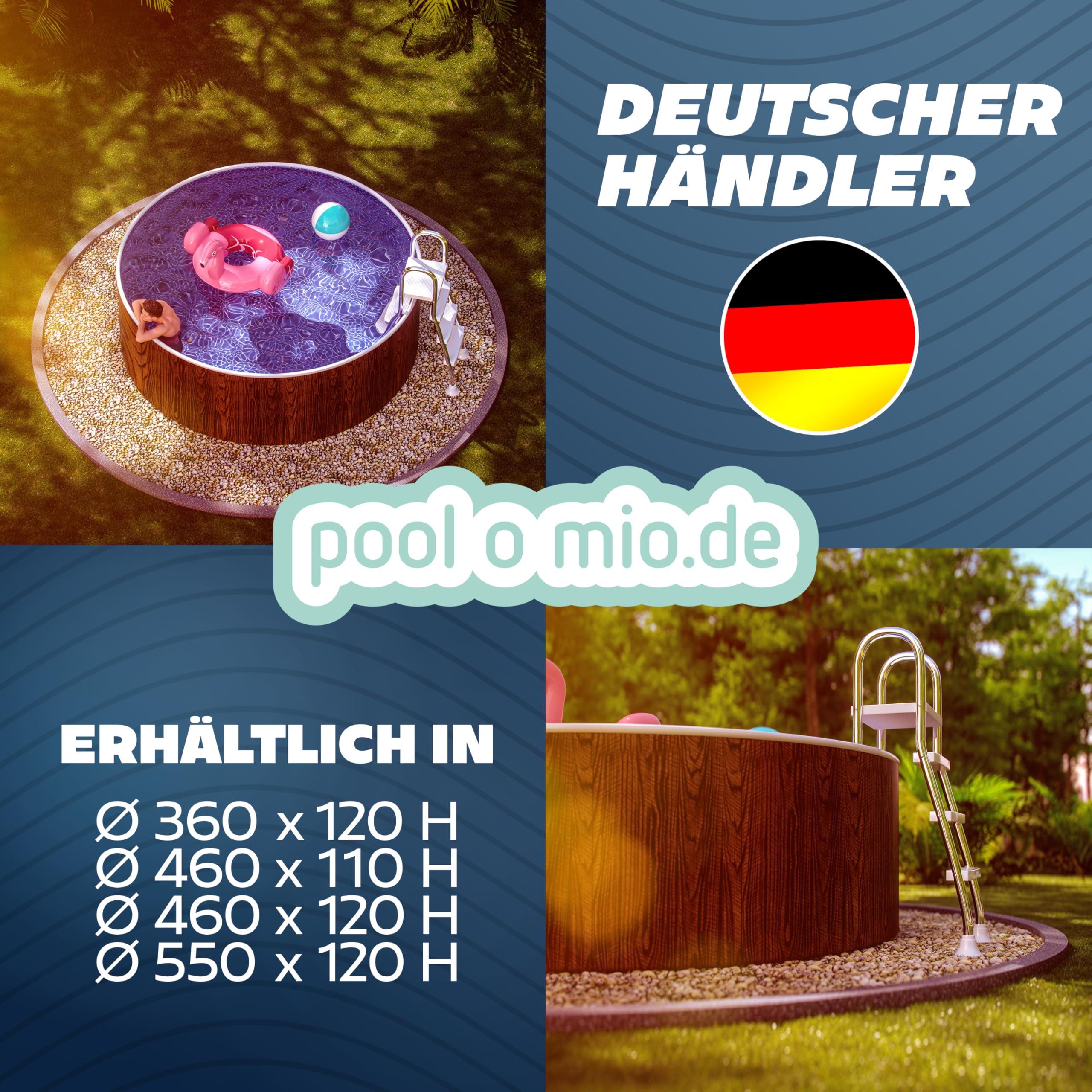 poolomio® Stahlwandpool rund 460 x 120 cm Holzoptik | Robuster Gartenpool als Aufstellbecken oder Einbaupool | Aufstellpool Komplettset mit Innenfolie 0,25 mm, Skimmer & Einlaufdüse