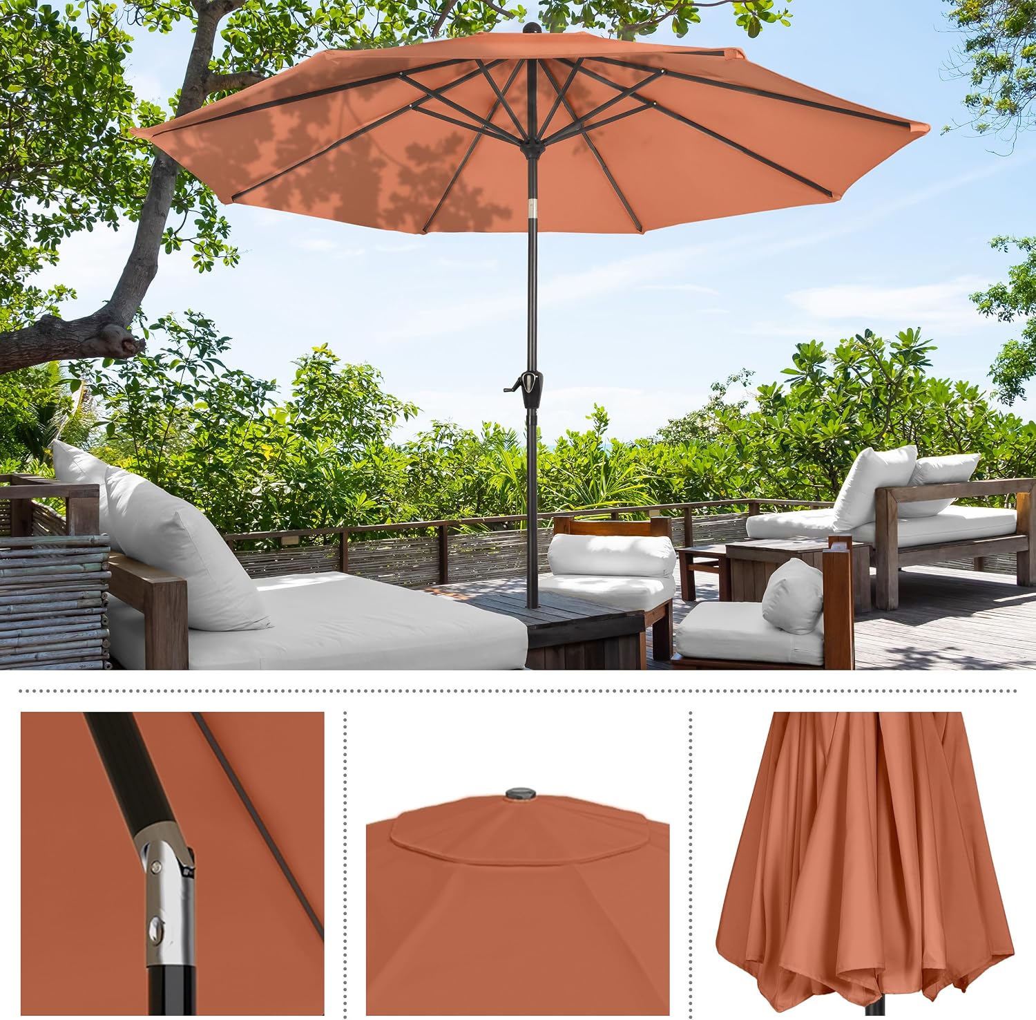 Pure Garden Patio Umbrella with Auto Tilt - 10ft Easy Crank Outdoor Umbrella with Vented Canopy for Deck, Balcony, Porch, Backyard, or Pool (Terracotta)