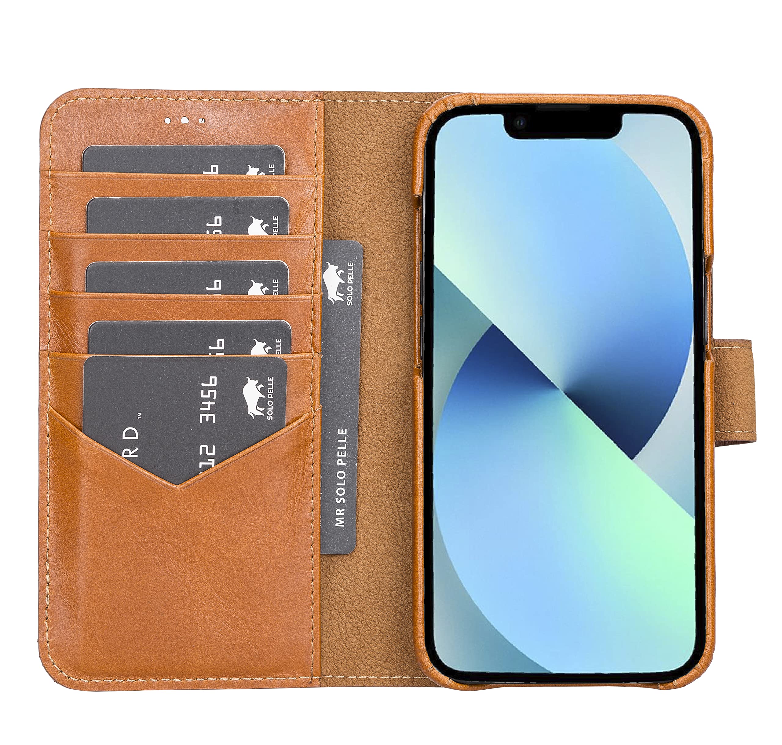 Solo Pelle Lederhülle kompatibel für iPhone 13 in 6.1 Zoll abnehmbare Hülle (2in1) inkl. Kartenfächer für das original Apple iPhone 13 (Vollleder Cognac Braun)