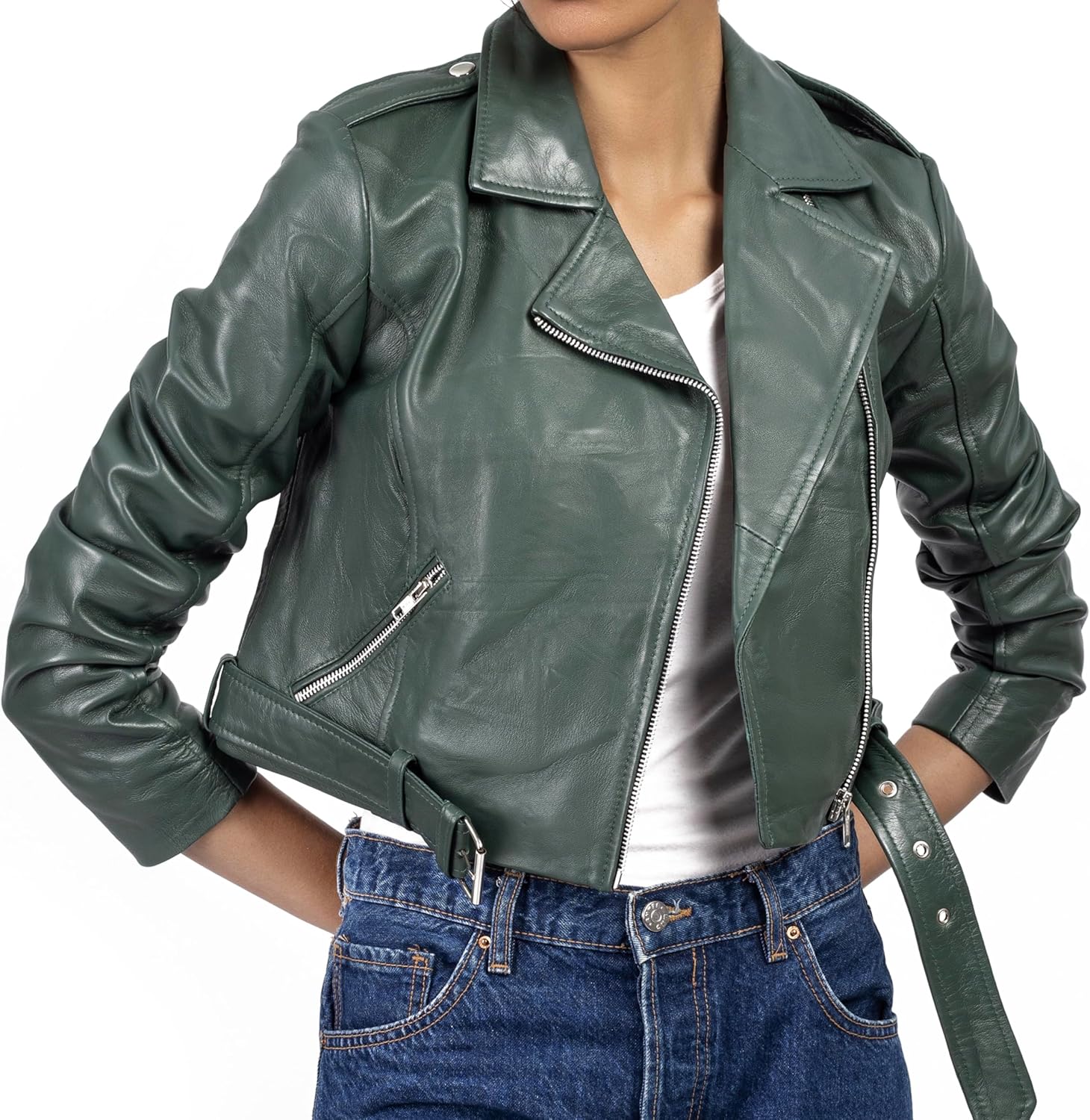 Jild Cropped Leather Jacket Women Lapel Asymmetric Zip Up Moto Biker Short Coat with Belt