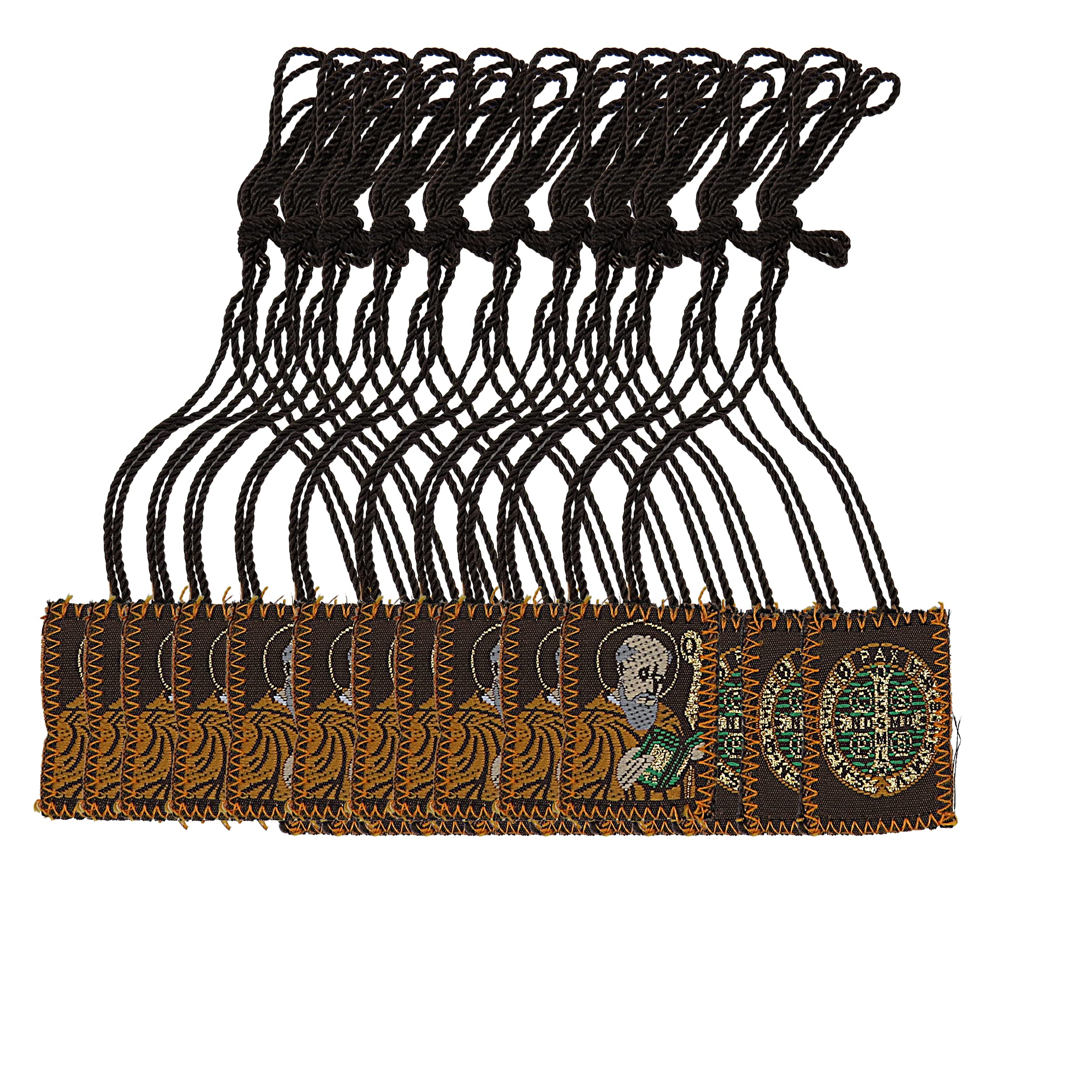 NeedzoBulk Brown Saint Benedict Scapulars, Catholic Keepsake Religious Necklace for Women and Men, Pack of 12