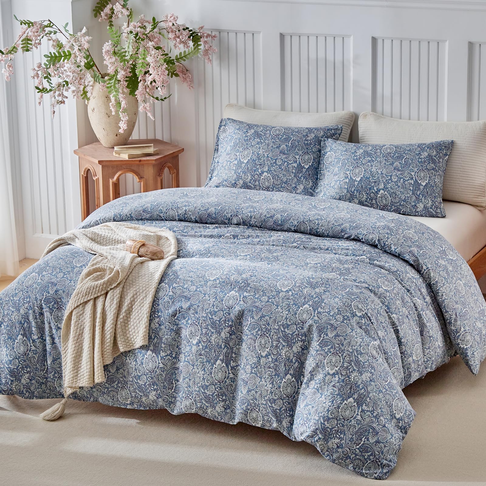 Lekesky 100% Cotton Duvet Cover Sets Blue Bohemian Bedding, Classic Paisley Print Double Duvet Set (1x Quilt Cover