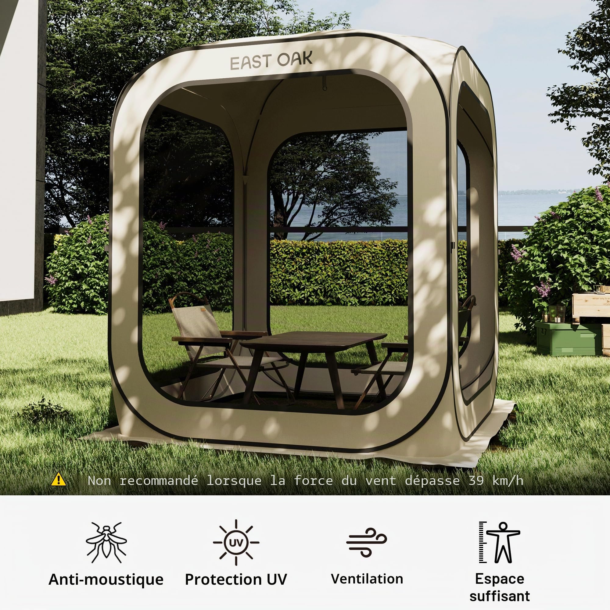 East Oak Tonnelle Pliante 1,7x1,7M, Pop-up Gazebo pour 2-3 Personnes, Barnum Pliant de Jardin, Chapiteau Exterieur, Protection UPF 50+, Ventilation à 360°, Anti-moustiques, avec Sac de Transport