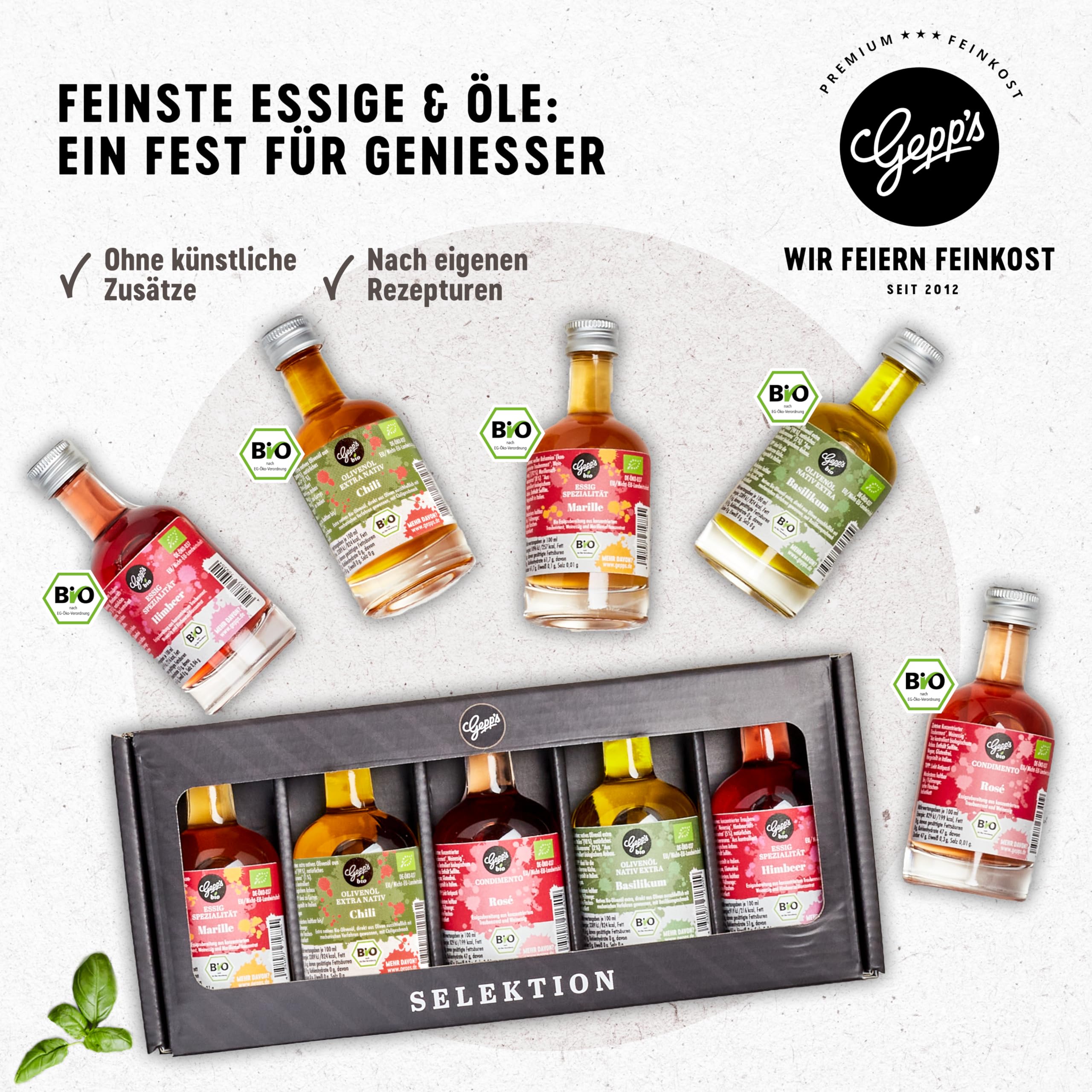Gepp’s Feinkost Bio Essig und Öl Probier- & Geschenkset 5 x 50ml