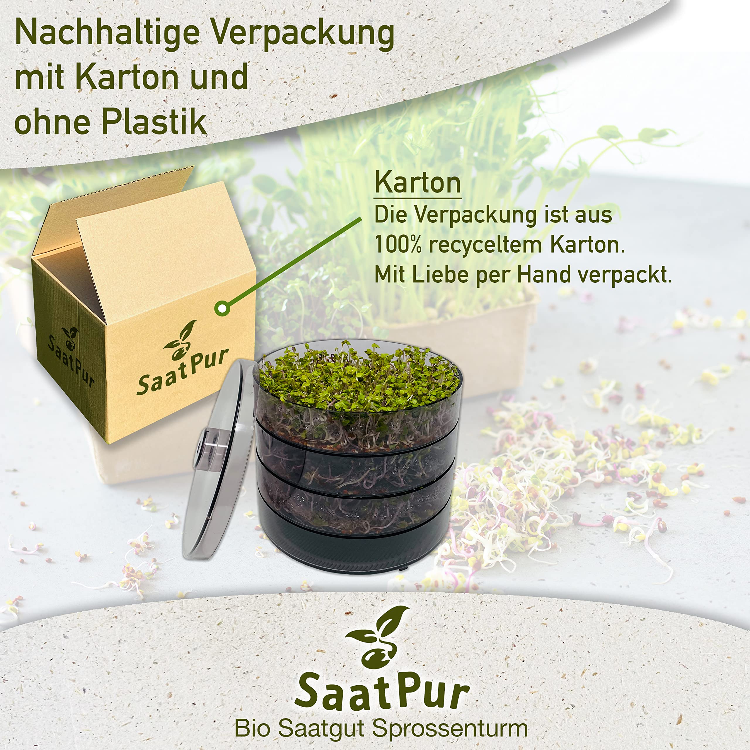 SaatPur® Keimsprossenbox Set 3 mit DREI Etagen als Sprossen Keimgerät: Sprossen Anzucht sowie Microgreens Anzuchtschalen. Keimbox, Keimschale, Qualität, Sprossenbox, Sprossenhaus, Keimgerät