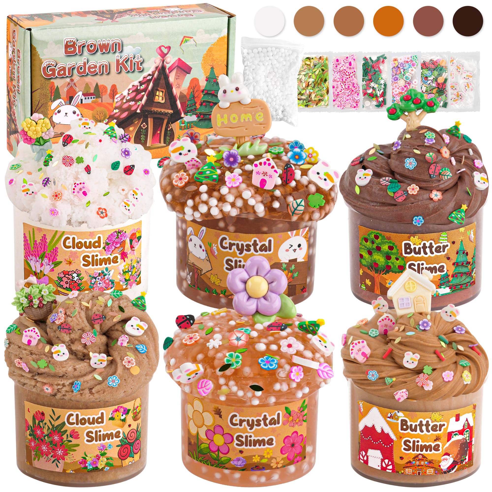 6 Packs Gradient Brown Slime Kit - Cloud, Butter & Clear Slime With Crunchy Add-ins, Fluffy Slime for Girls & Boys Party Bag Fillers, 360ml Making Kit (Garden)