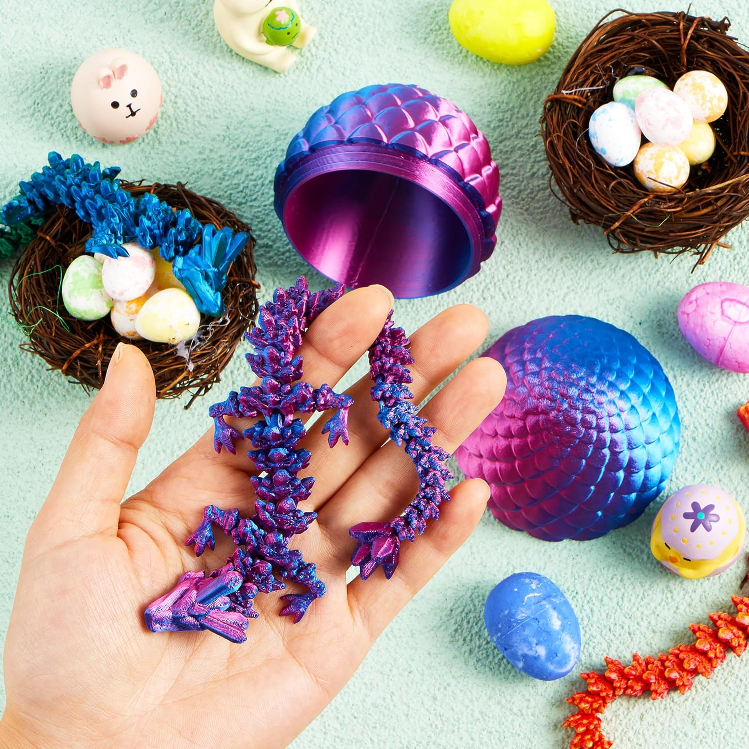 JOYIN 4 Pcs 3D Printed Dragon Eggs with Laser Dragon, Cool Articulated Toys for Kids Christmas Stuffers Party Favor, Magic Fidget Toy Classroom Prize Gift for Boys Teen Girls (Purple+Blue+Red+Rainbow)