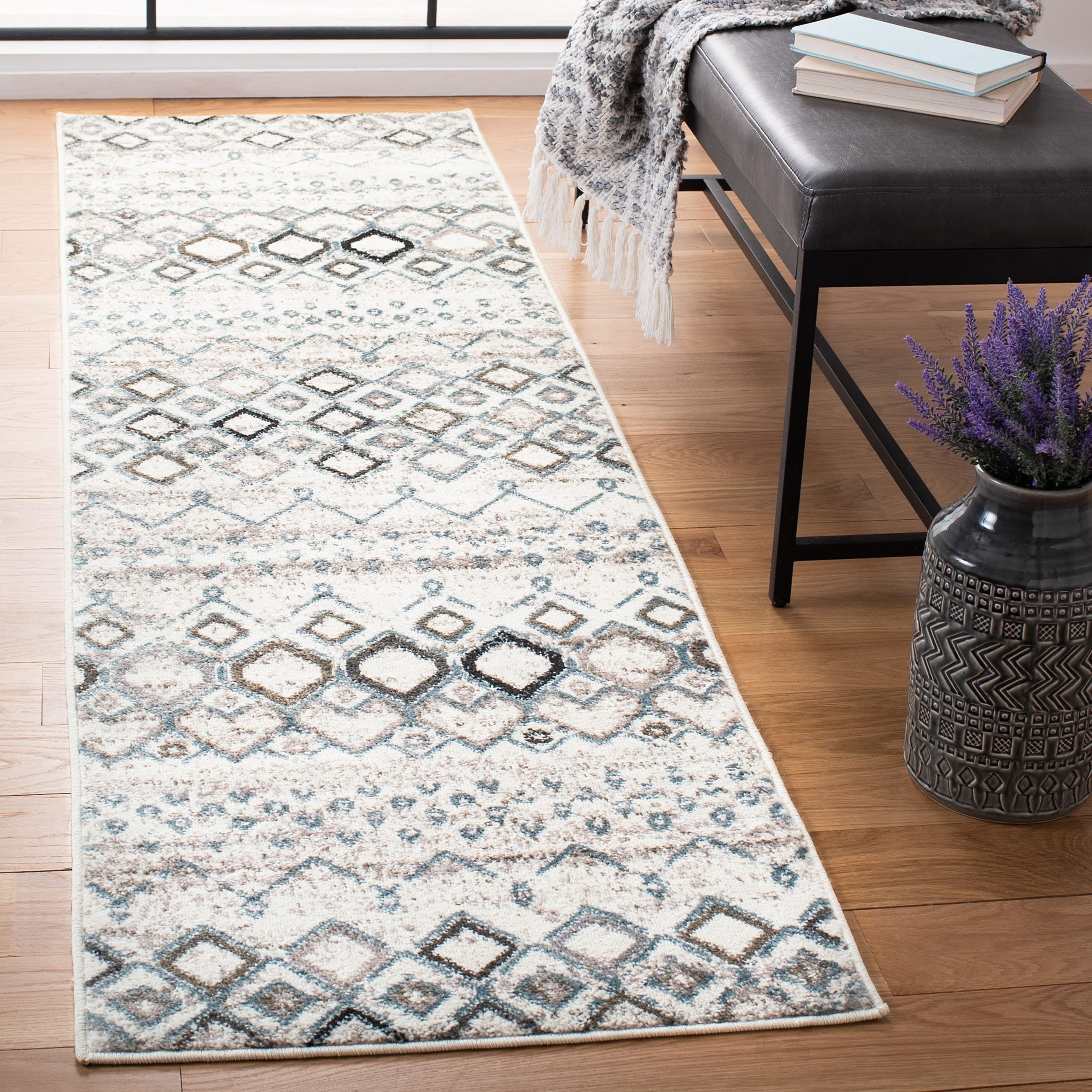 SAFAVIEH Amsterdam Collection Runner Rug - 2'3" x 18', Ivory & Grey, Moroccan Boho Design, Non-Shedding & Easy Care, Ideal for High Traffic Areas in