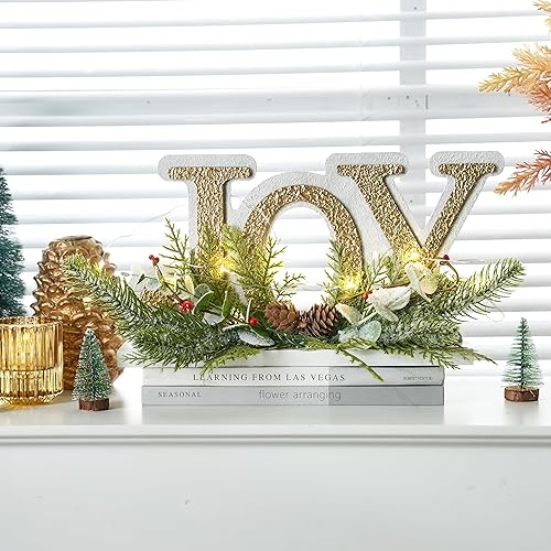 Miniatura 6 de Letrero de alegría iluminado dorado y blanco para decoración de Navidad, decoración de alegría de madera con luces LED y función de temporizador