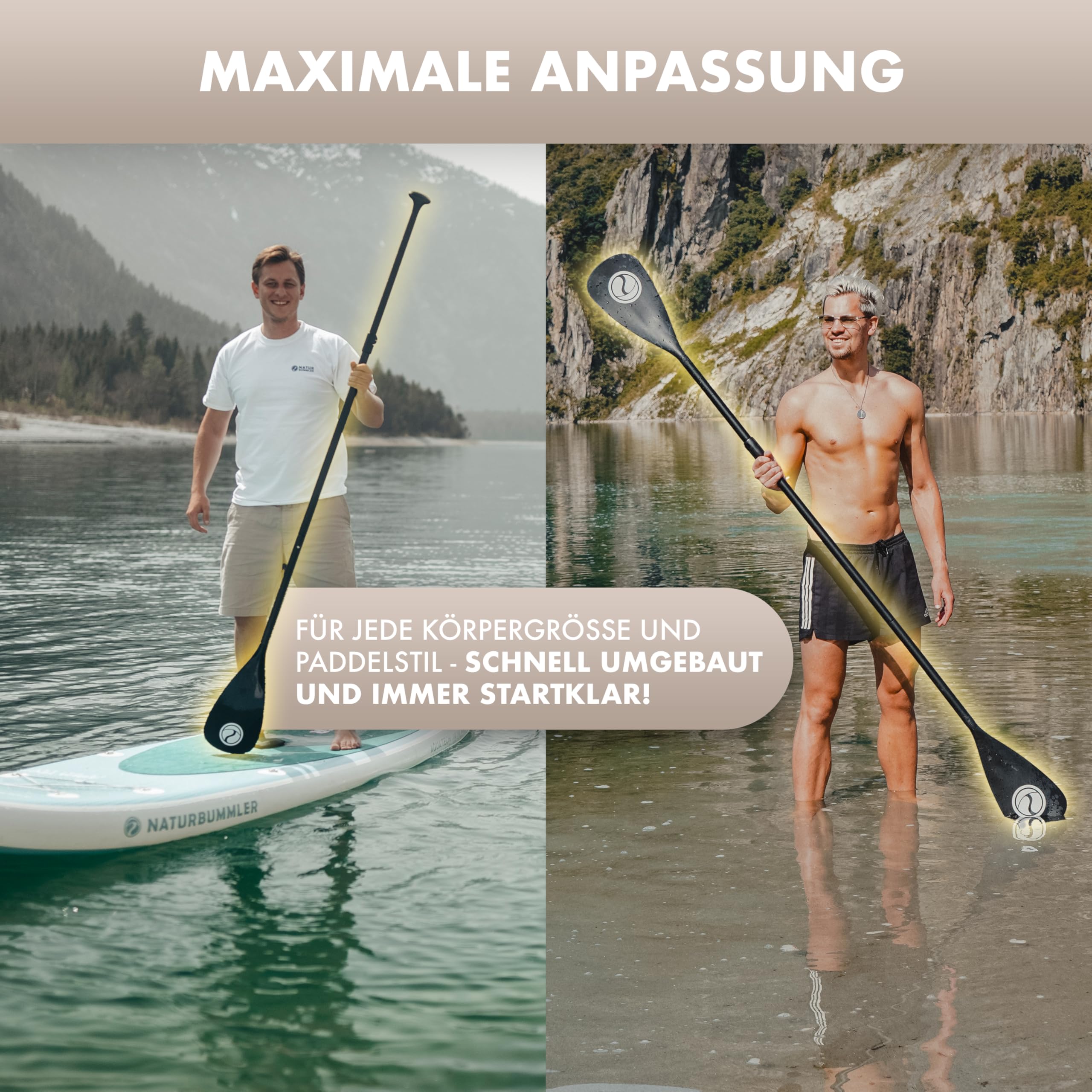 NATURBUMMLER SUP Paddel [2-in-1] Doppelpaddel – Ultraleicht & stufenlos verstellbar – Aluminium Paddel mit T-Griff für Stand Up Paddling & Kajak – Zubehör für Dein Wasserabenteuer (Schwarz)
