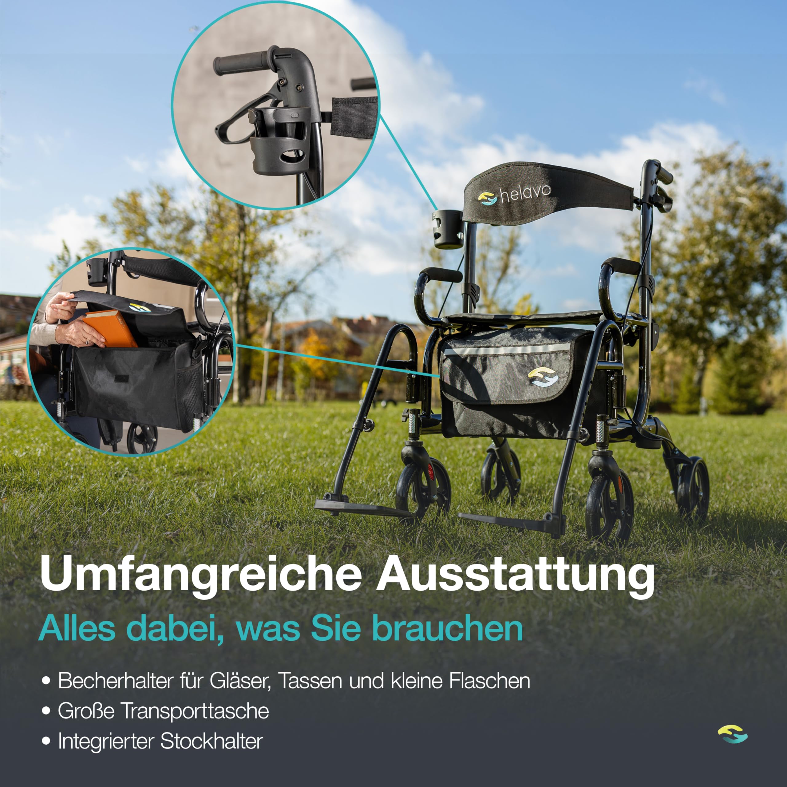 Helavo 2 in 1 Rollator & Rollstuhl in Einem - Faltbarer Rollator mit Fußstützen - Umbaubar zum Transport-Stuhl