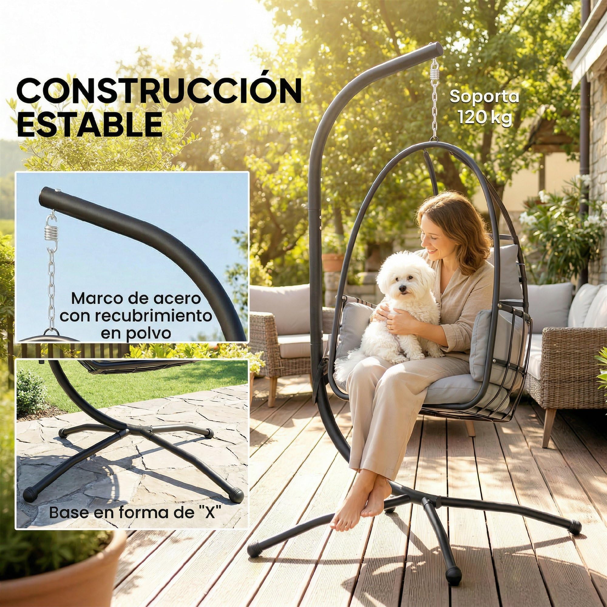 Outsunny Silla Colgante Huevo con Soporte, Sillón 120 kg Gris Oscuro | Cesta Plegable, Reposacabezas, Cojín, Bolsillo Lateral, Jardín, Interior, Exterior