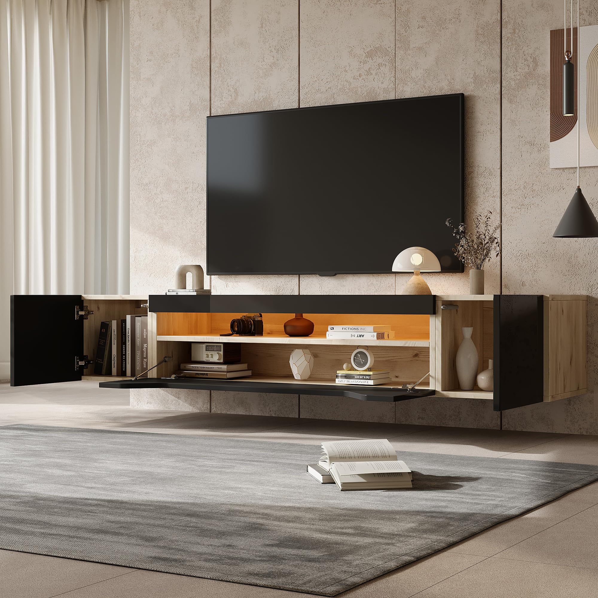 TV-Schrank 180 cm hängend mit LED für 75 Zoll, Schwarz-Holzoptik