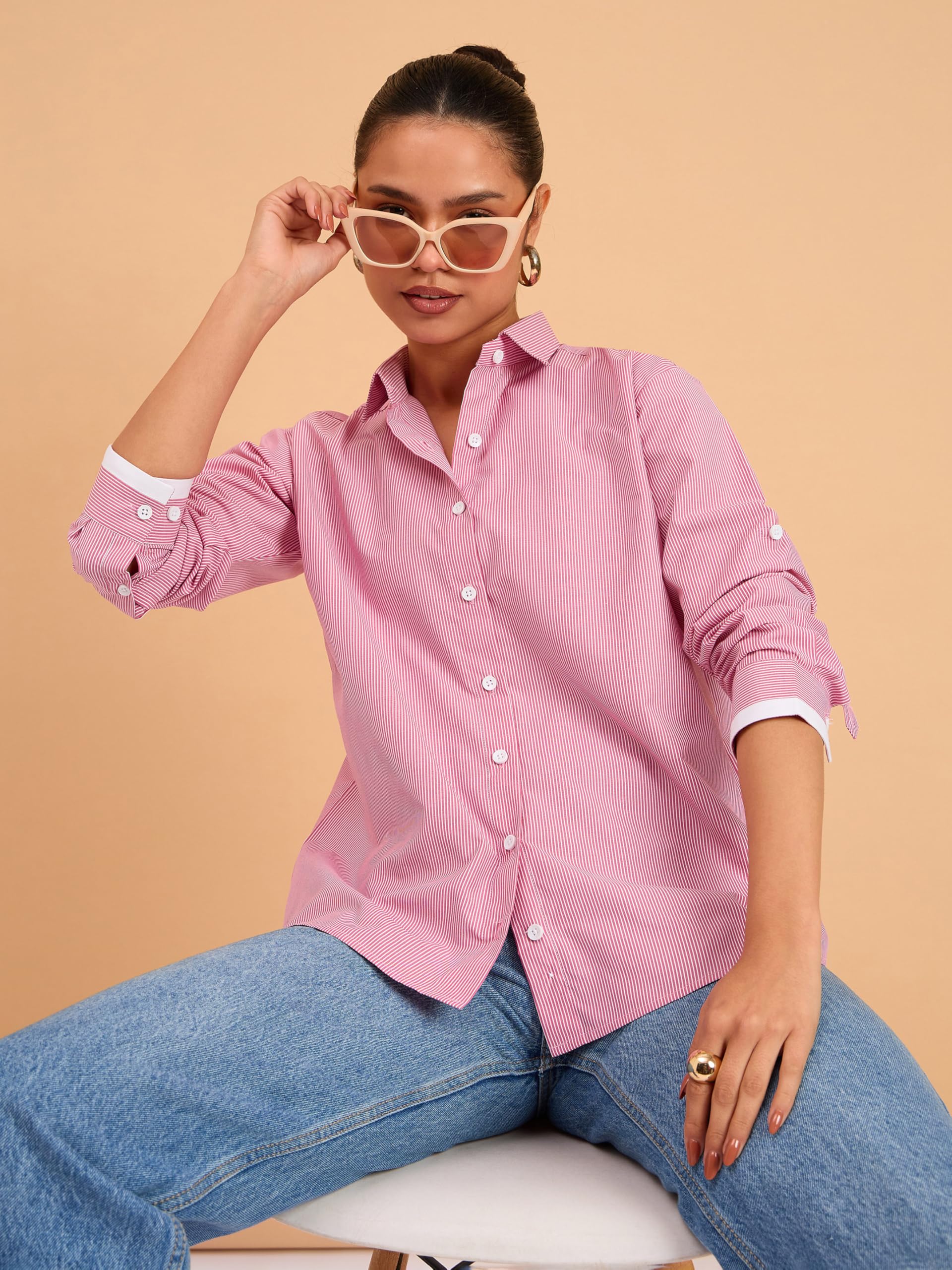 barcino Fuchsia Striped Roll Up Sleeves Shirt - Image 2 thumbnail