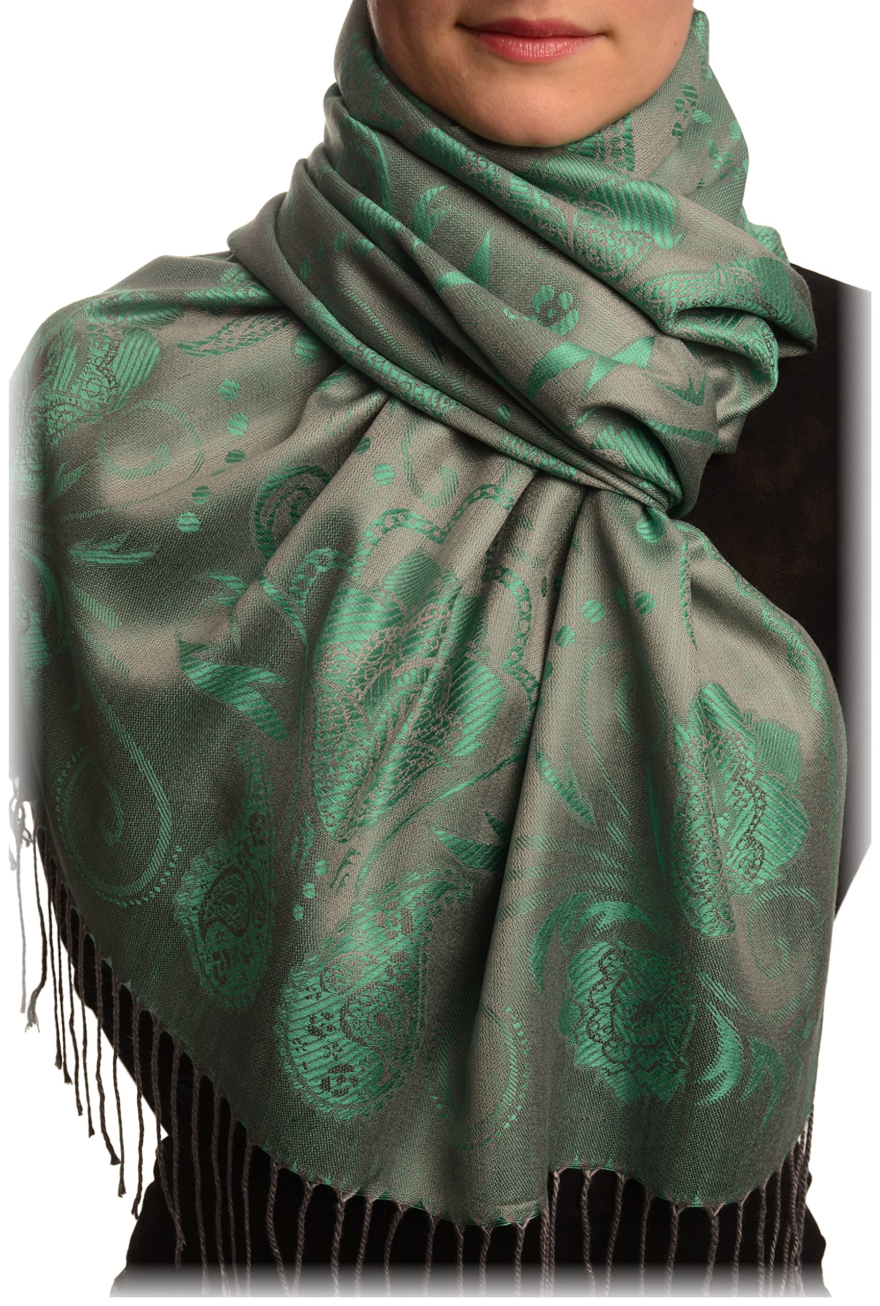 Écharpe verte femme pashmina feel châle à franges gris LissKiss - 8