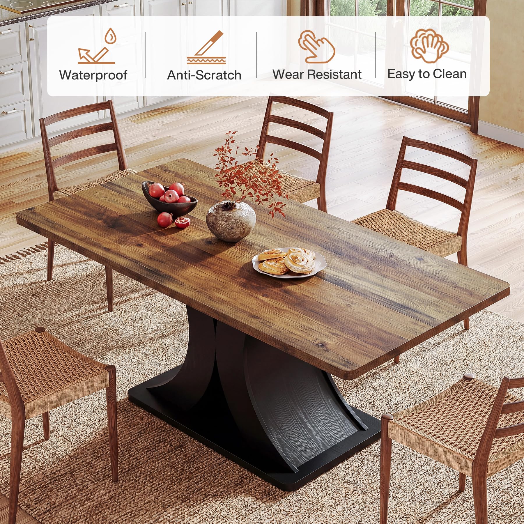 Tribesigns Mesa de comedor 140 x 80 cm, mesa de cocina industrial rústica para 4-6, mesa rectangular de madera con base de metal macizo, negro y marrón, fácil montaje