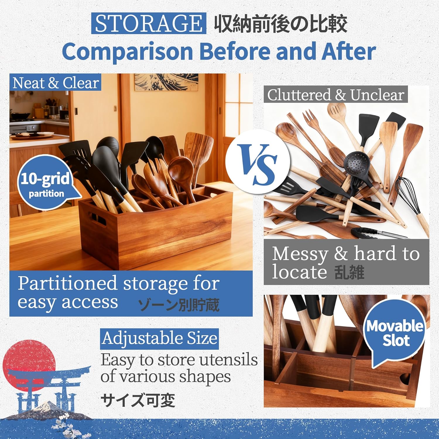 XYJ Wooden Utensil Holder, Utensil Container with Cookware Tools, Including Spatulas, Ladles, Whisks, Food Tongs & Pastry Brush, Acacia Wood Kitchen Organizer Tool for Kitchen Counter