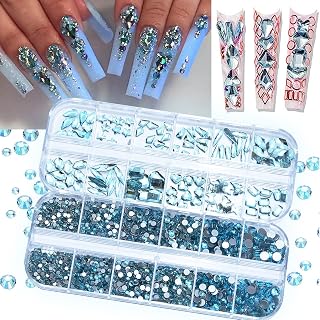 2120 Pcs Lake Blue Nail Rhinestones Crystals Glass Gems Stones Multi Shapes Sizes Blue Round Beads Flatback Rhinestones for Nail DIY Crafts Clothes Shoes Jewelry
