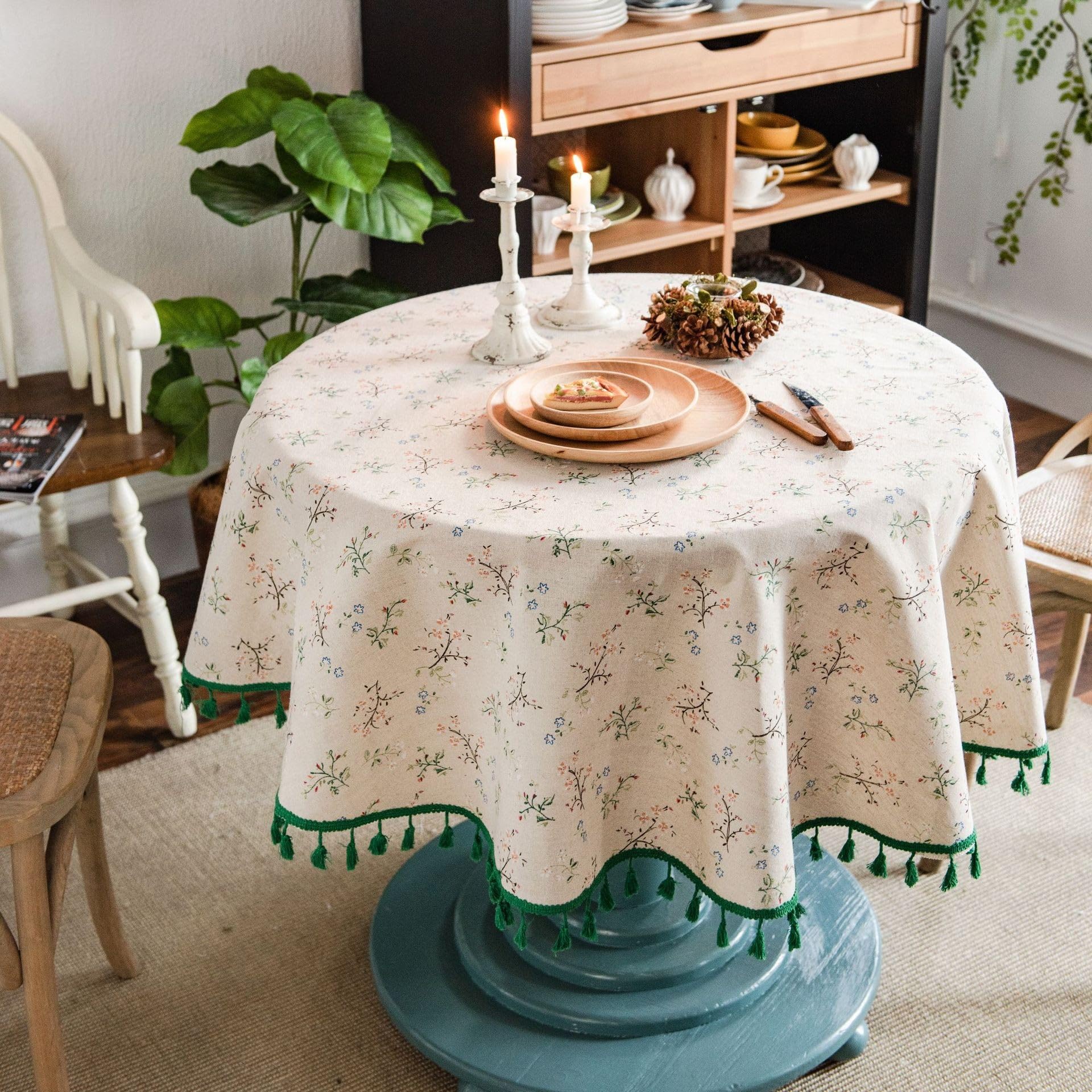 Tablecloth 150 * 150cm for Round Table Dining Table Cloth with Tassel Cotton Linen Wrinkle Free Table Cover (Green Flower)
