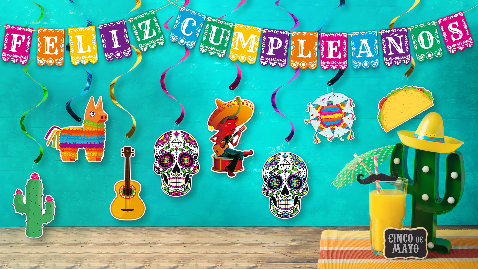Feliz Cumpleanos Banner - Pre-Strung Mexican Happy Birthday Fiesta Decor With Swirls