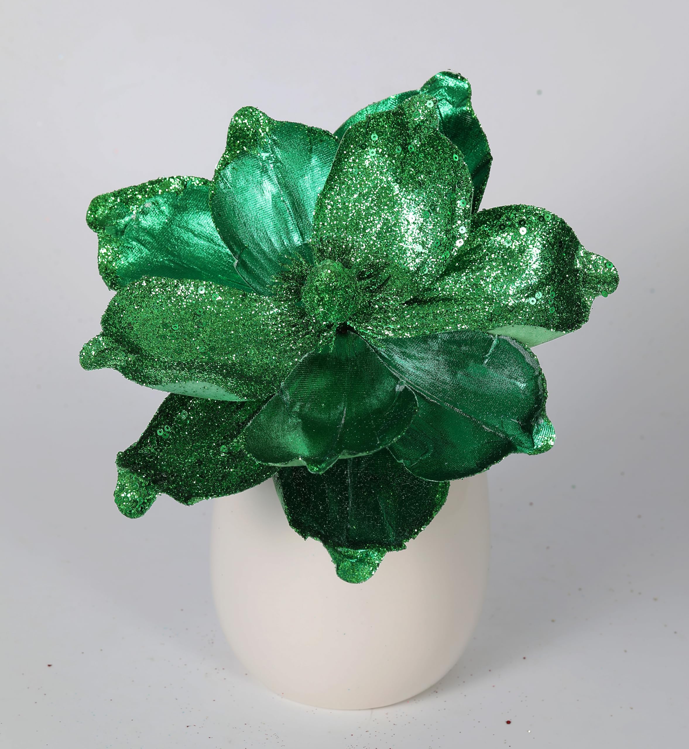 Flores de Navidad Grandes Con Purpurina de 10 Pulgadas - 6 Piezas de Adornos de Flores Artificiales de Magnolia Plegables Para Decoración de Árbol y Fiesta