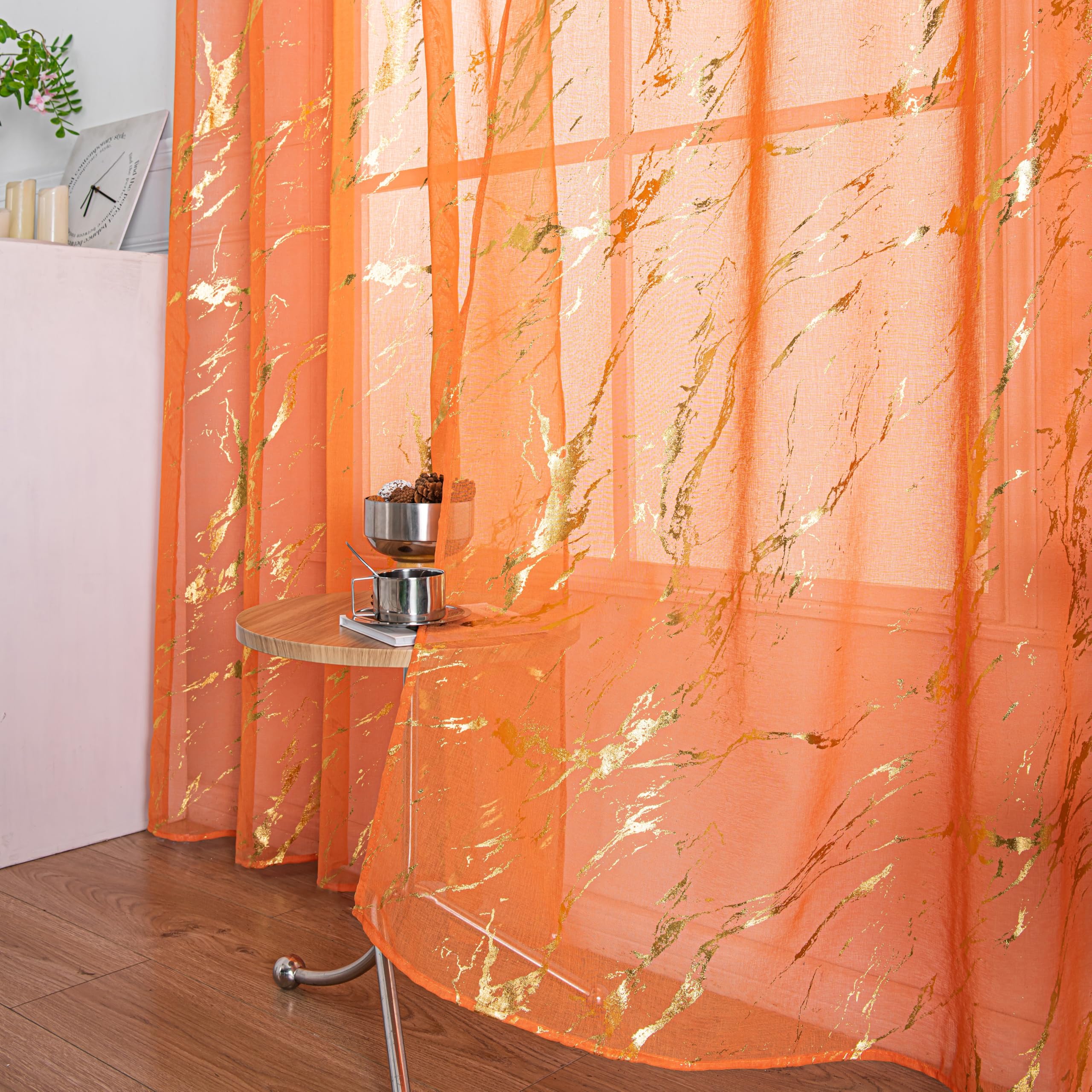 Lavyhuno Gold and Orange Marble Sheer Curtains 2 Panels,Metallic Golden 84 Inch Length for Bedroom Living Room, Rod Pocket Privacy Glam Glitter for