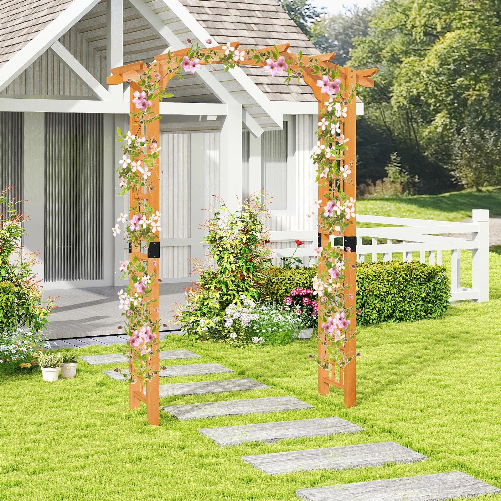 GOPLUS Rosenbogen Holz, Torbogen mit mit Spalieren & erweitertem Dach, Gartenbogen Pergola Rankhilfe für Kletterpflanzen, Hochzeitsbogen Rankbogen für Garten, Hochzeiten & Partys (160 x 60 x 229 cm)
