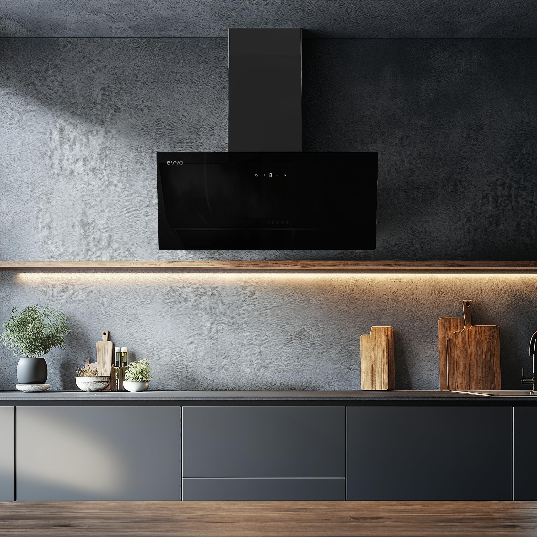 EVVO Campana Extractora 90 cm Decorativa, Potencia 650 m³/h, Filtro de Carbono Activo y de Alumino 5 Capas, 3 Velocidades, 2 luces LED, Eficiencia energética A (CE45 Cristal Black) — view 2