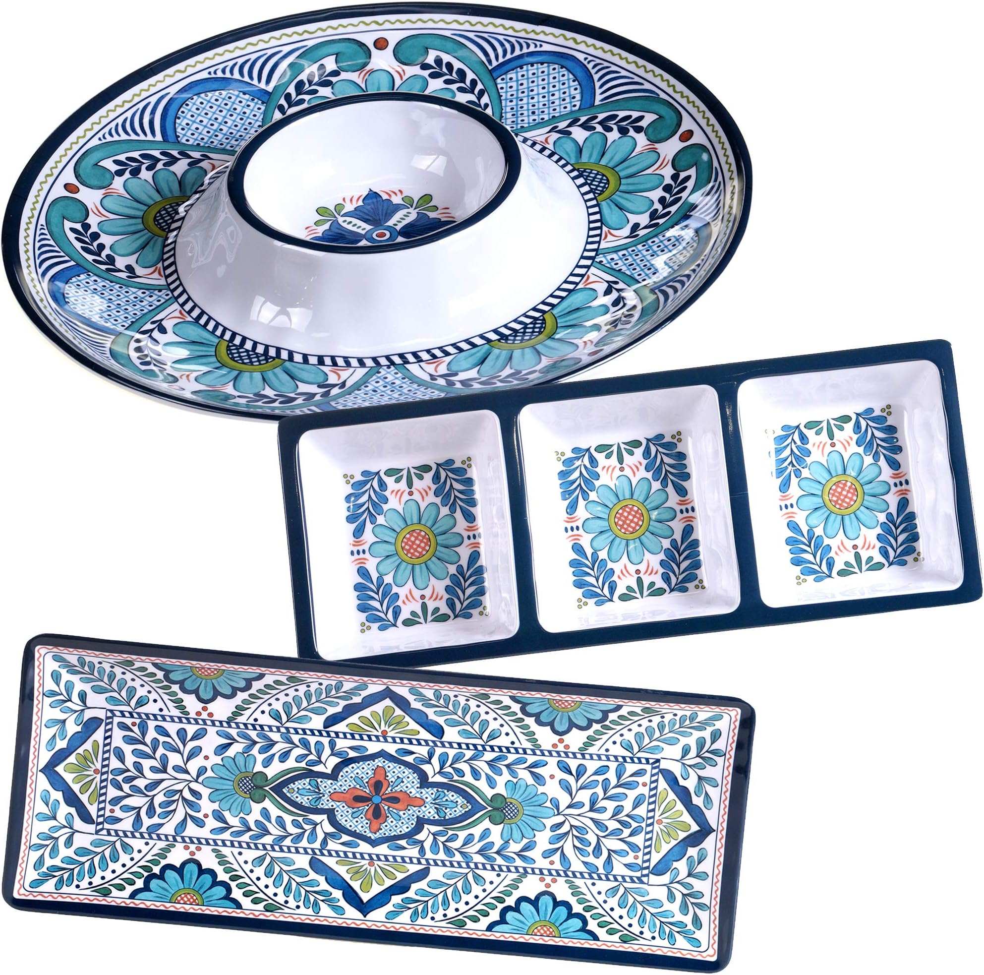 Talavera 3-Piece Melamine Hostess Serveware Set – Chip & Dip Server, 3-Section Relish Tray, and 19" Rectangular Platter – Colorful Southwest Serving Set for Entertaining & Outdoor Dining